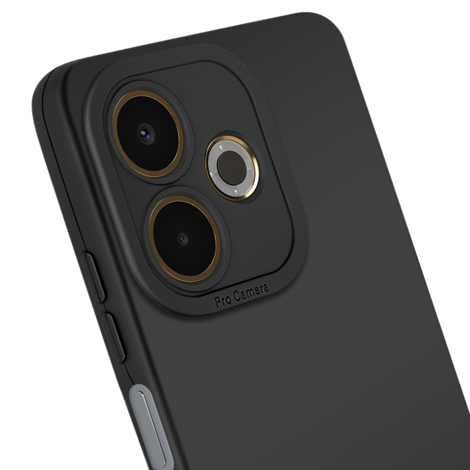 Close-up van een zwarte telefoonhoes met drie cameralenzen, gouden en zilveren accenten. De hoes is schuin.