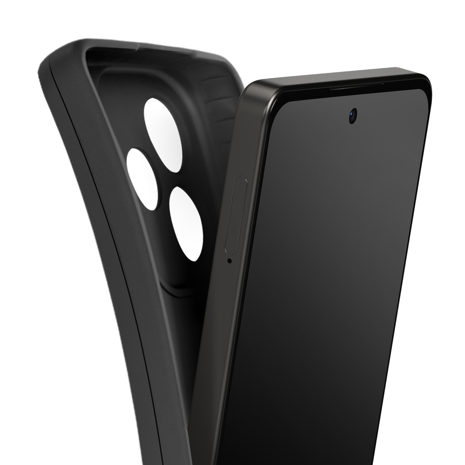 Zwarte smartphone met hoesje. De telefoon is zwart, de hoes is open. Witte achtergrond.