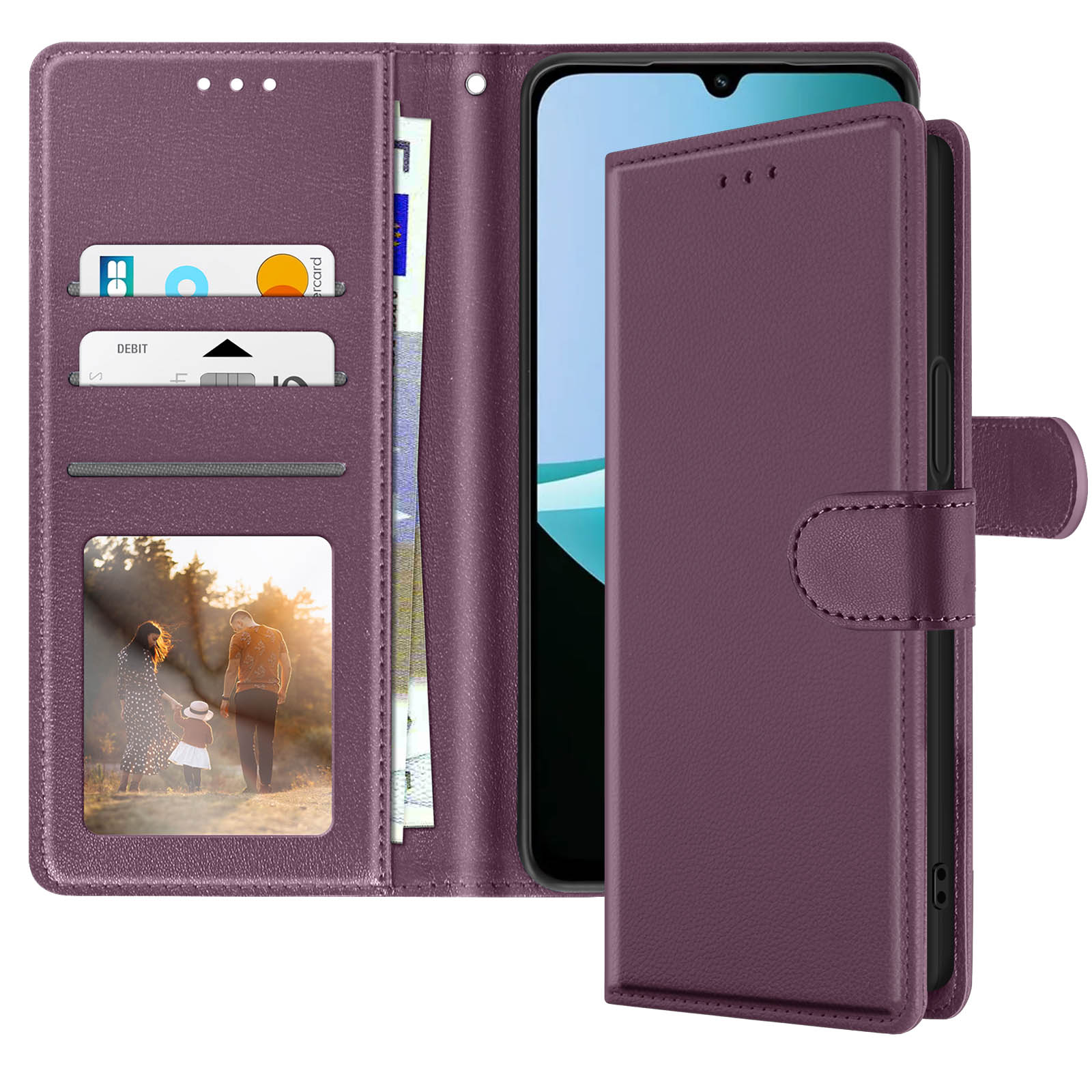 Custodia viola per telefono con telefono, scomparti per carte e foto. Aperta per mostrare lo schermo.