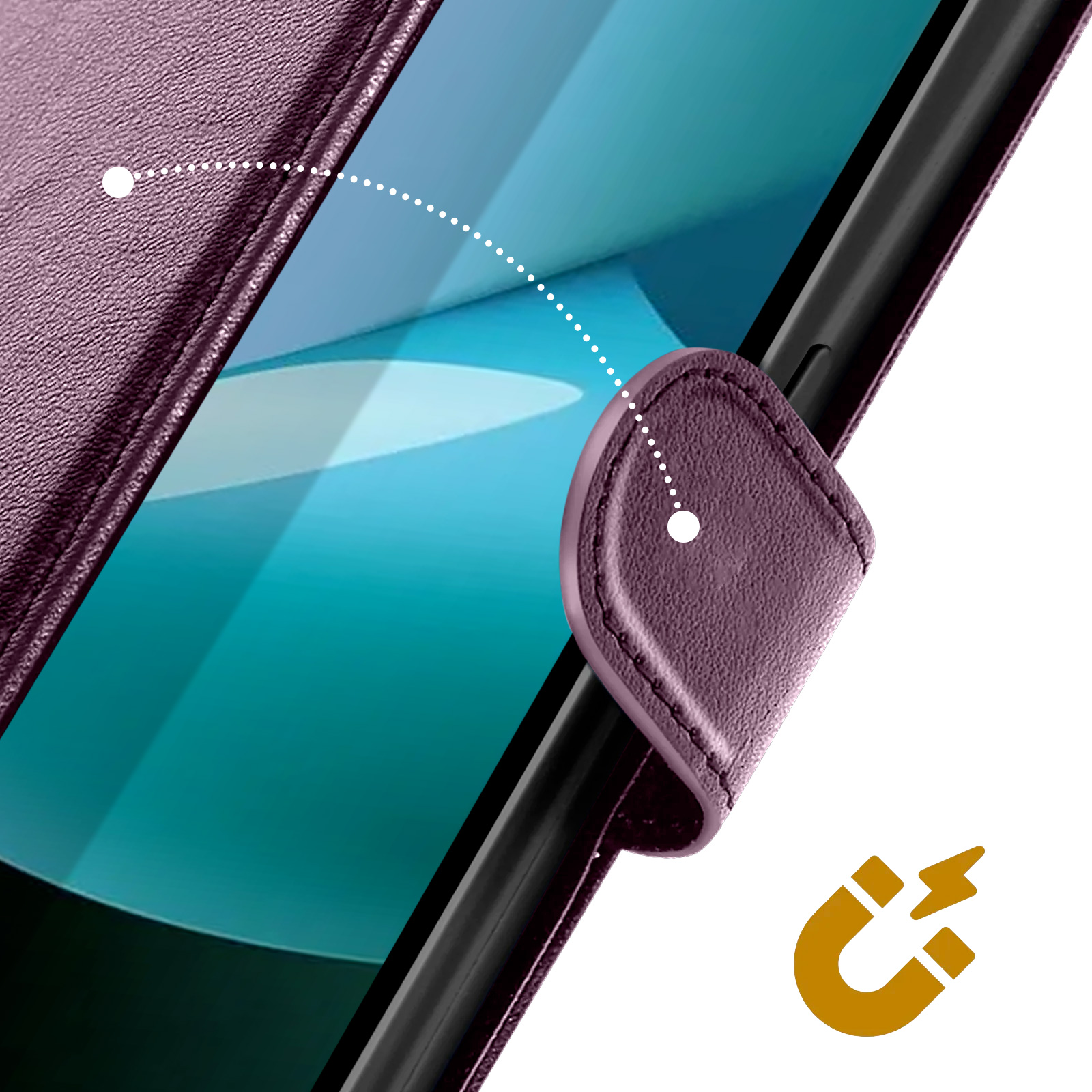 Primo piano di una custodia per tablet viola con chiusura magnetica. Una linea bianca tratteggiata mostra la connessione magnetica.