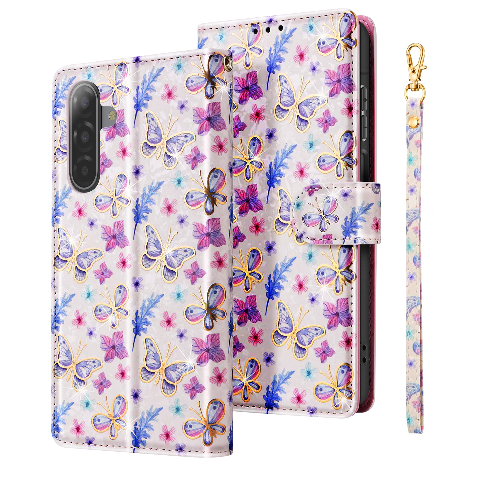 Una custodia per telefono con un motivo a farfalle e fiori in bianco, viola e oro. Un cinturino abbinato è a destra.