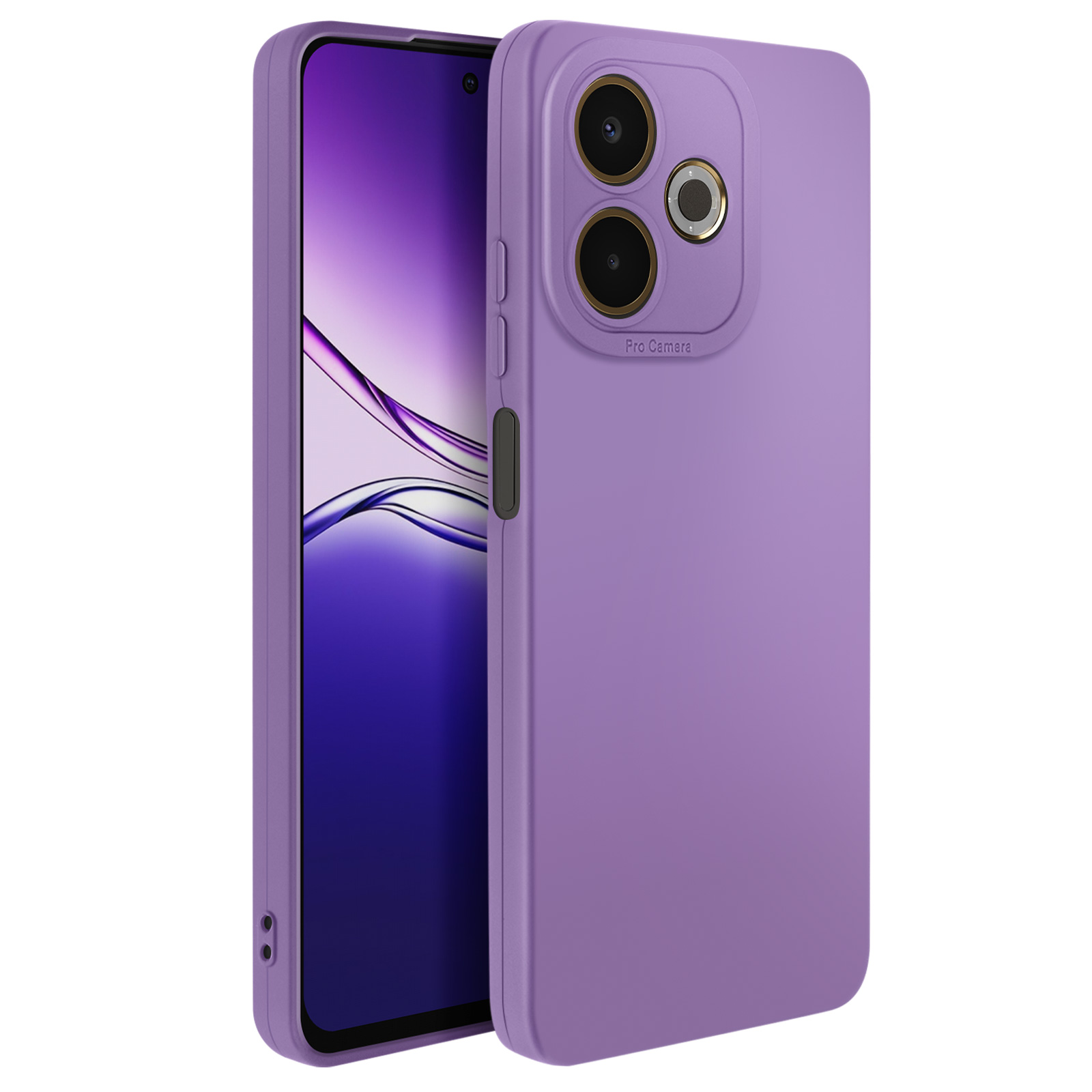 Een paarse telefoon in een bijpassende hoes. De telefoon heeft een scherm links, en de hoes een camera gedeelte.