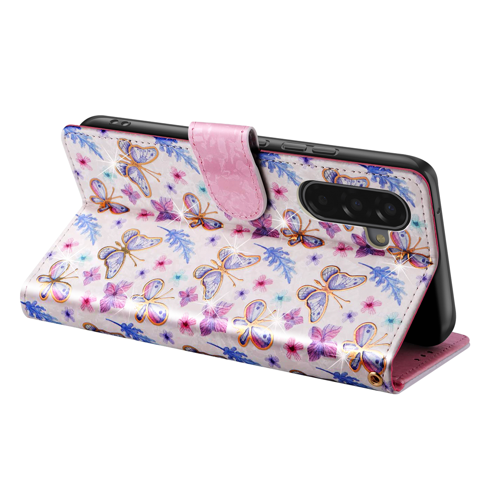Una custodia per telefono con motivo a farfalle e fiori. Ha un cinturino rosa e un telefono nero all'interno.