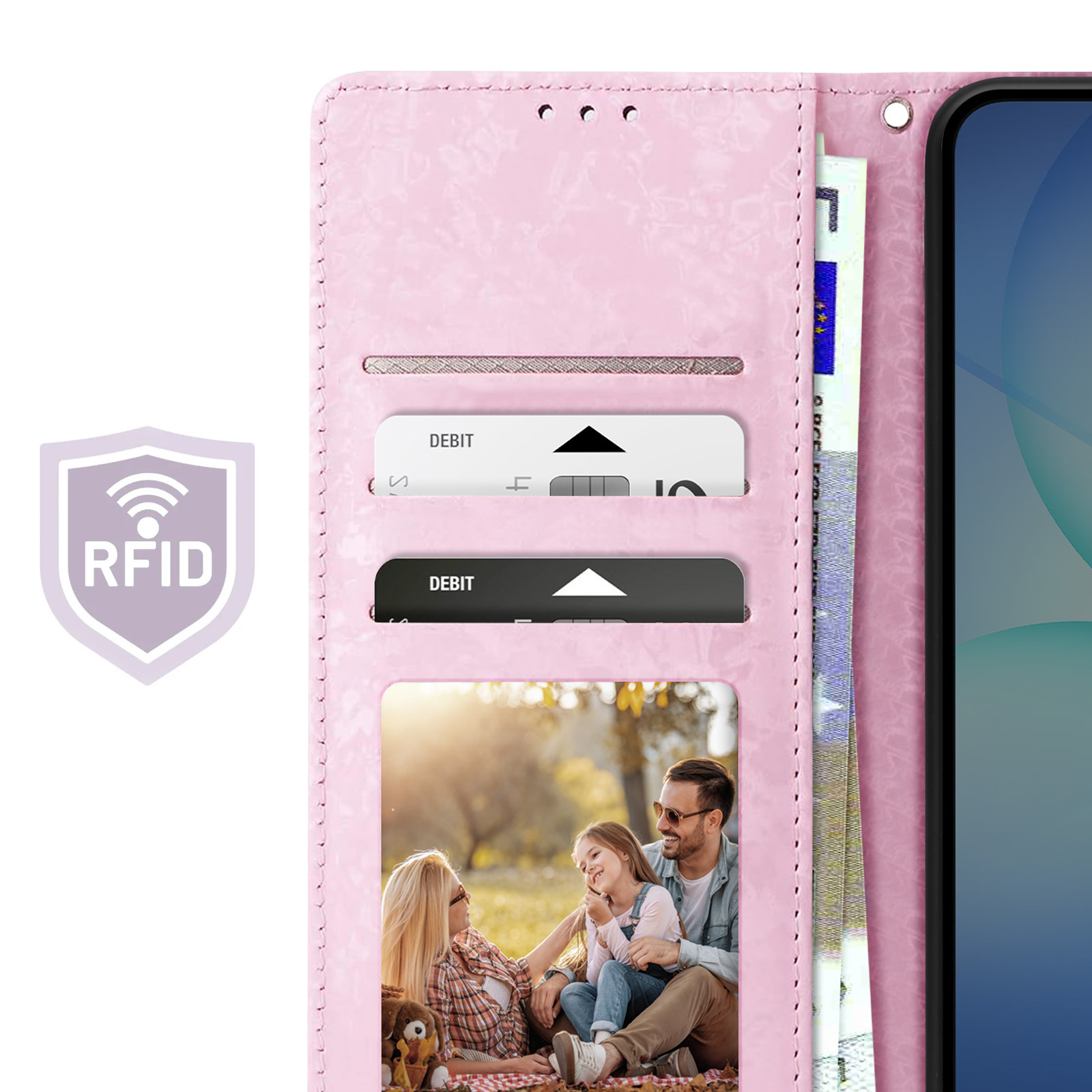 Custodia rosa per telefono con carte, foto di famiglia e smartphone. Il simbolo RFID è a sinistra.