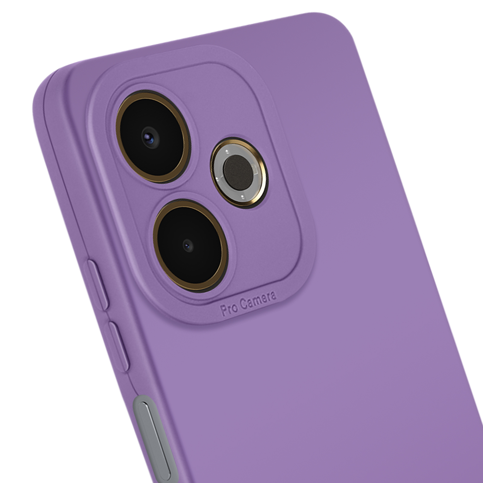 Een paarse telefoonhoes met drie cameralenzen. De woorden 'Pro Camera' zijn zichtbaar.