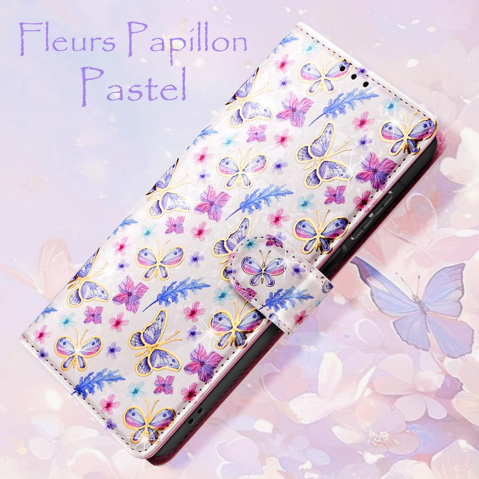 Una custodia per telefono con motivo a farfalle e fiori. Sfondo bianco con farfalle e fiori. Colori pastello. Testo viola in alto.