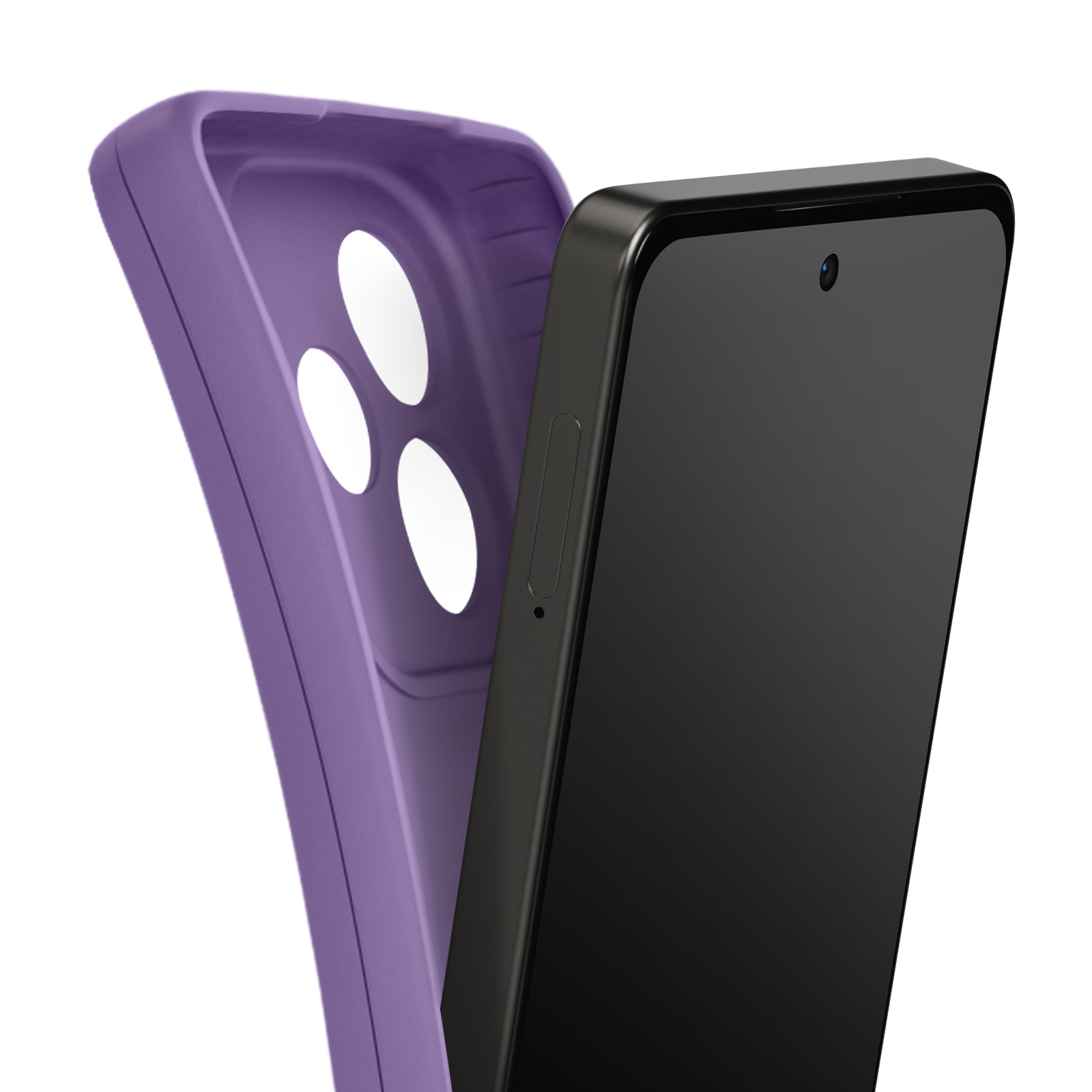 Een zwarte smartphone naast een paarse telefoonhoes. De hoes heeft drie gaten. Witte achtergrond.