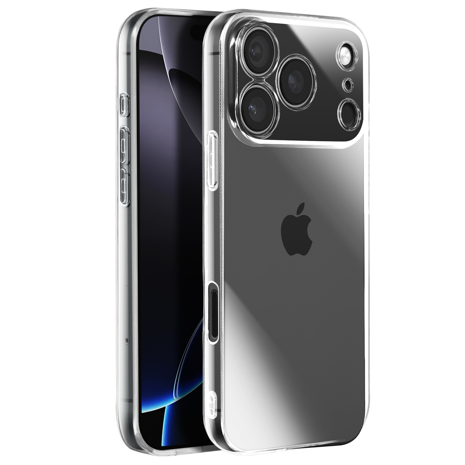 Un étui de téléphone transparent sur un téléphone à écran sombre, montrant le logo Apple. L'étui a des découpes pour l'appareil photo.