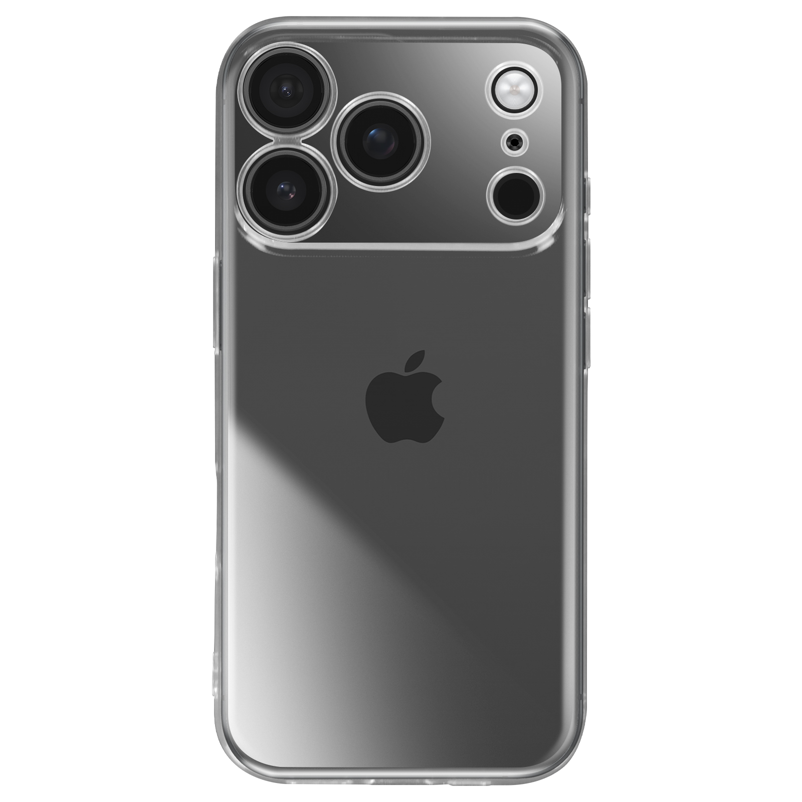 Coque transparente pour iPhone avec plusieurs objectifs et flash. Le logo Apple est visible. Isolé sur fond blanc.