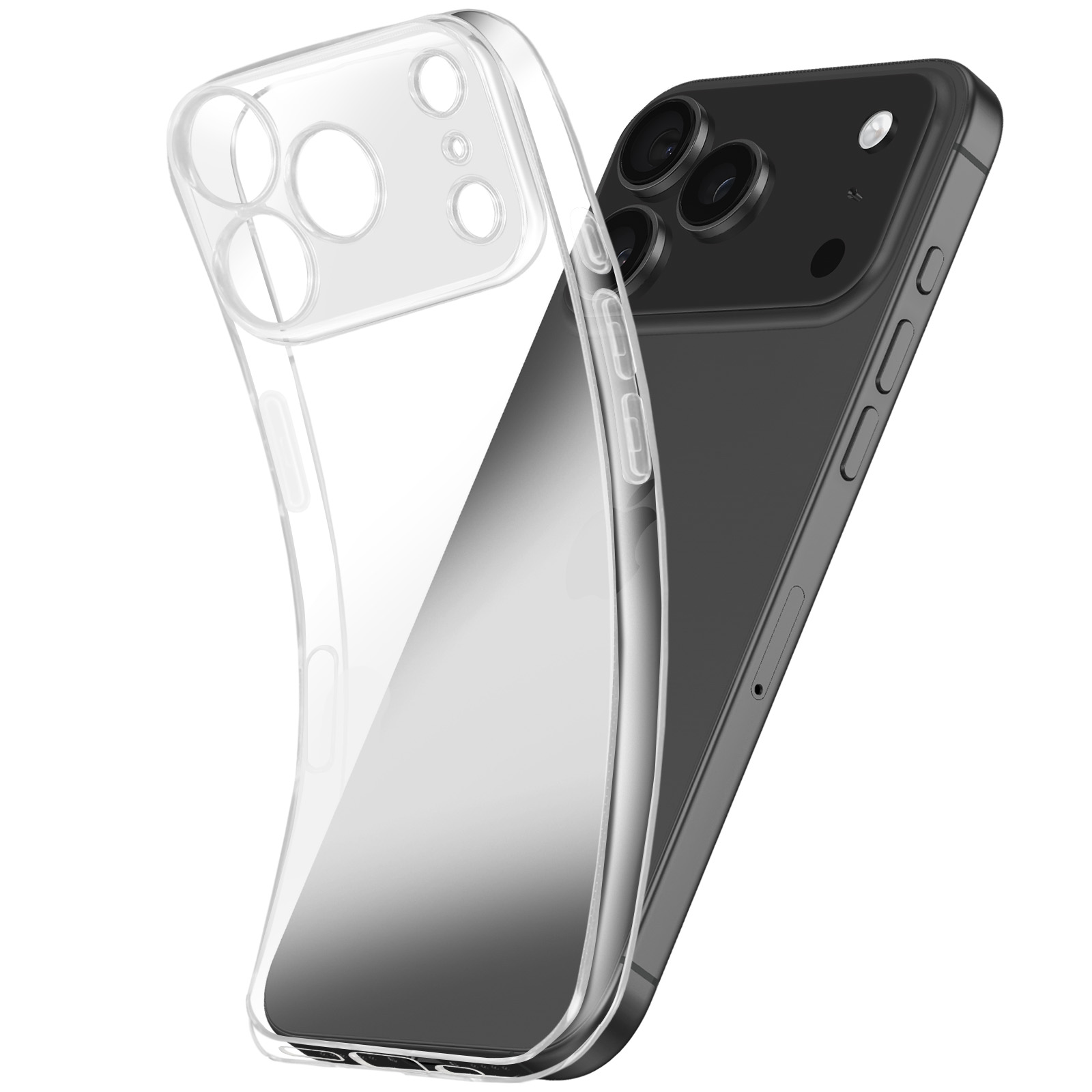 Une coque transparente est partiellement placée sur un téléphone noir, montrant l'appareil photo et les boutons latéraux.