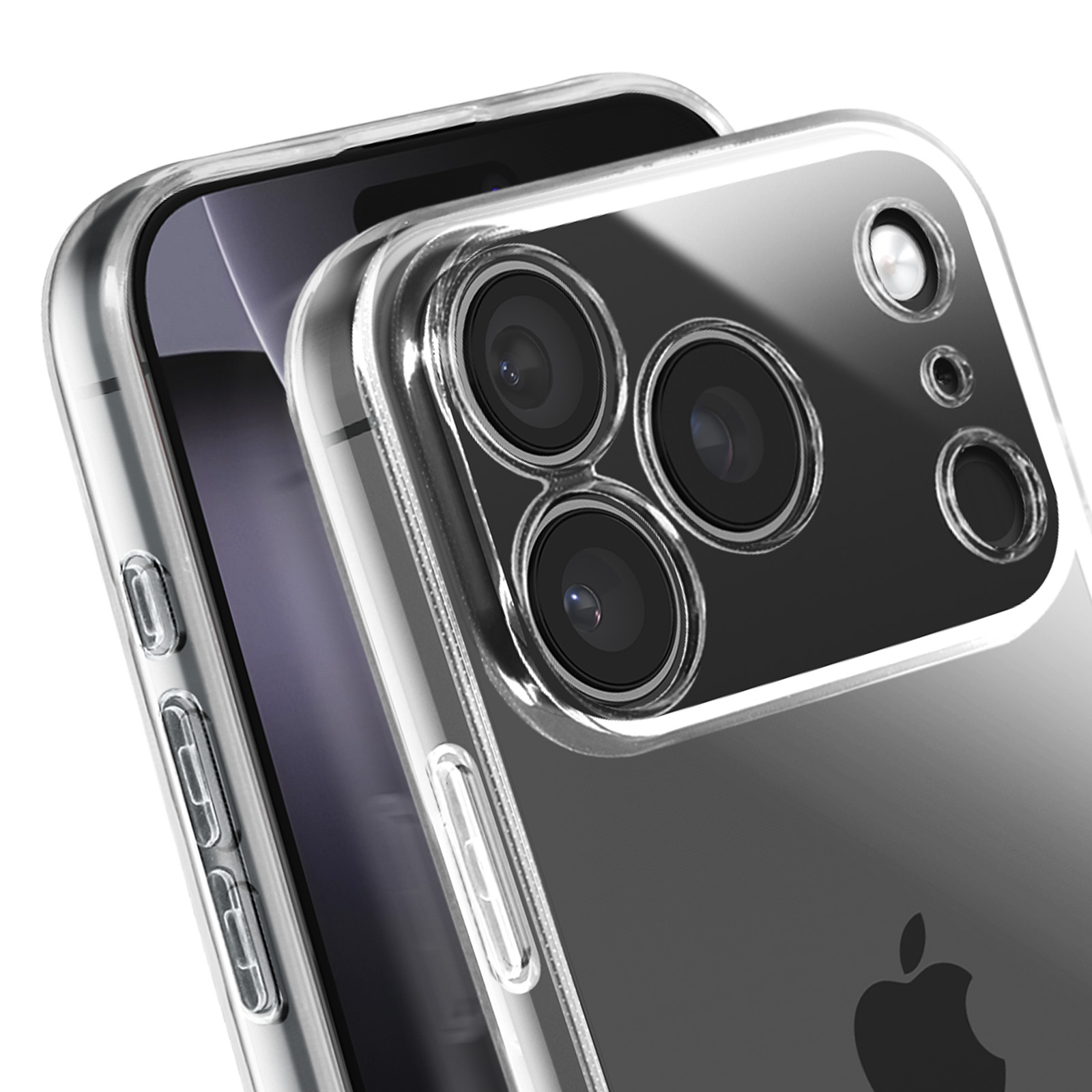 Gros plan d'un smartphone dans une coque transparente. Le téléphone a plusieurs objectifs. Le logo Apple est visible.