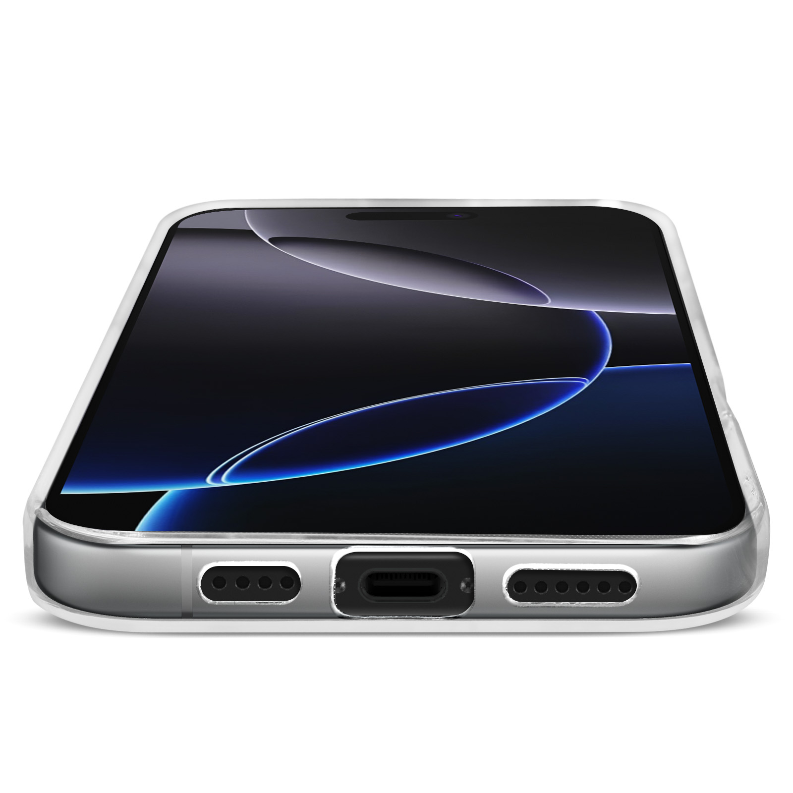 Un smartphone dans une coque transparente est à plat. L'écran affiche un fond bleu et noir.