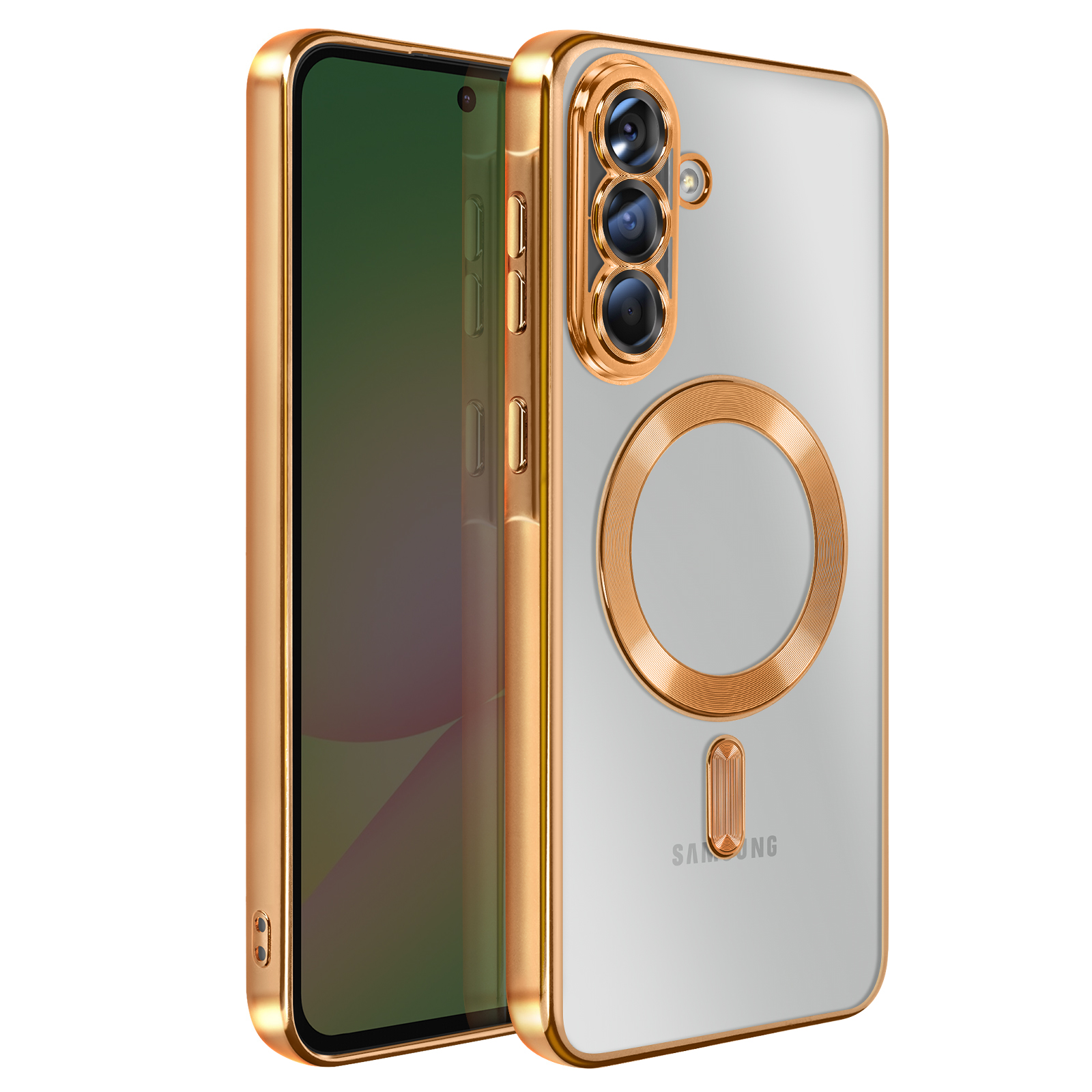 Een gouden telefoonhoesje met een doorzichtige achterkant. Het heeft een gouden ring en een Samsung-logo. Het scherm is zichtbaar.