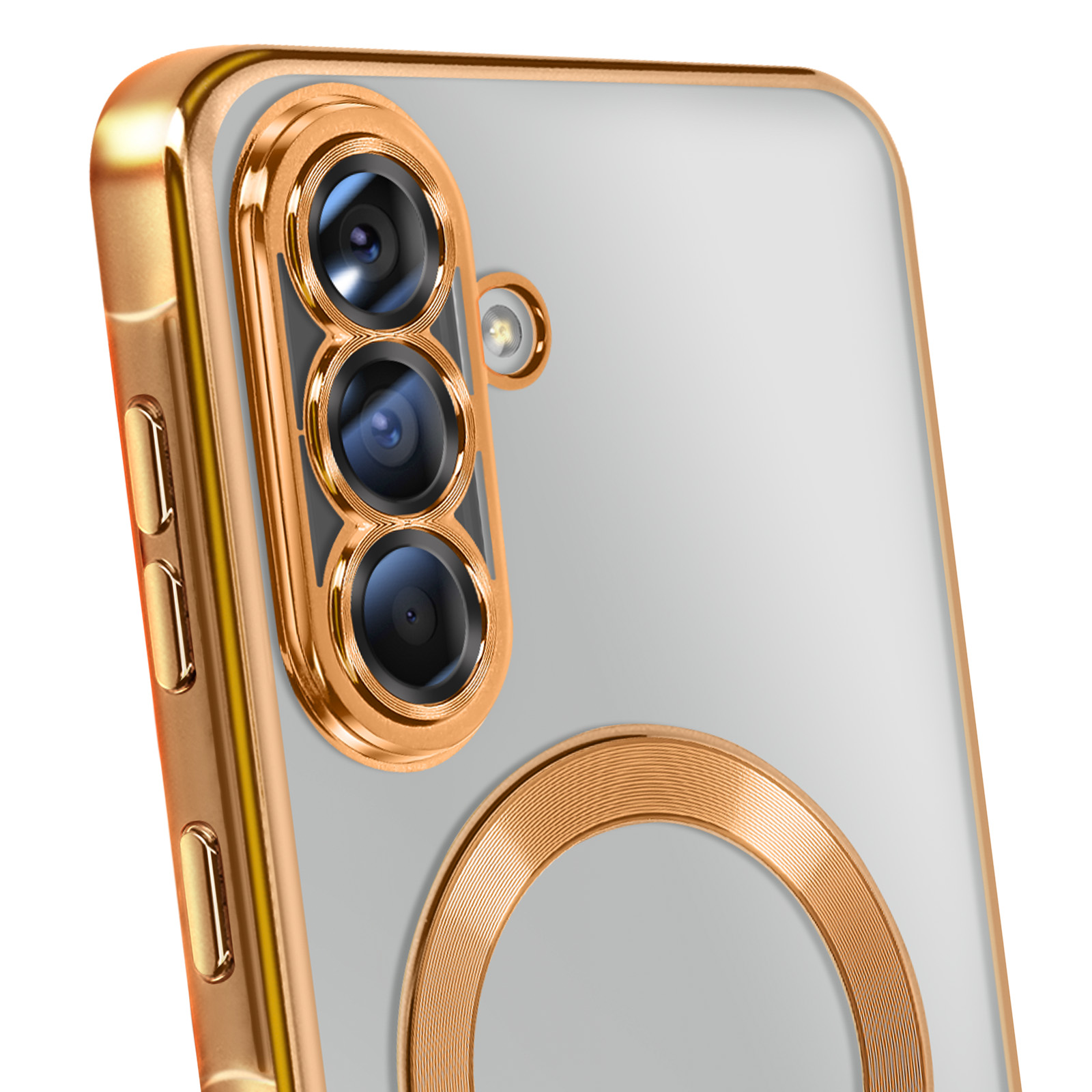 Close-up van een telefoon met een gouden hoesje. De telefoon heeft drie cameralenzen. De hoes heeft een gouden magnetische ring.