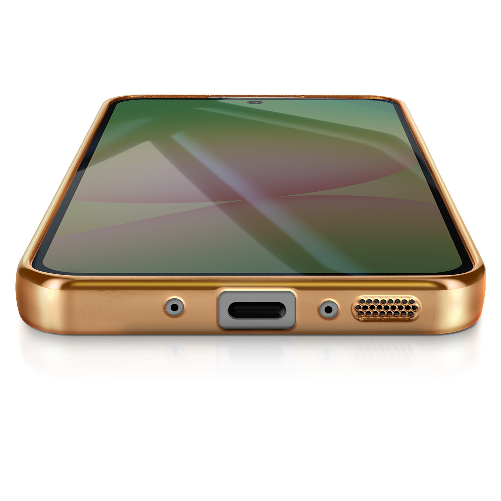 Een gouden smartphone op een witte ondergrond. Het scherm toont een groen en roze abstract ontwerp. De onderkant heeft poorten.