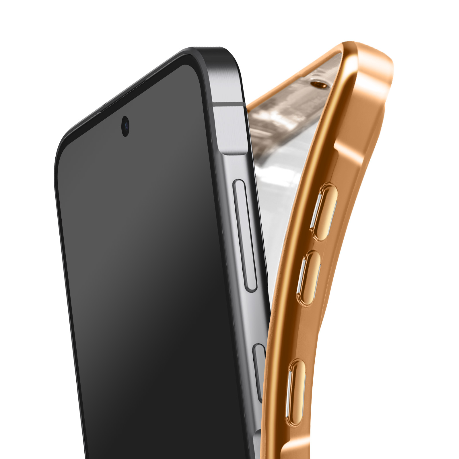 Een smartphone en een gouden telefoonhoesje. De telefoon is zwart en de hoes is glanzend goud. Beide tegen een witte achtergrond.