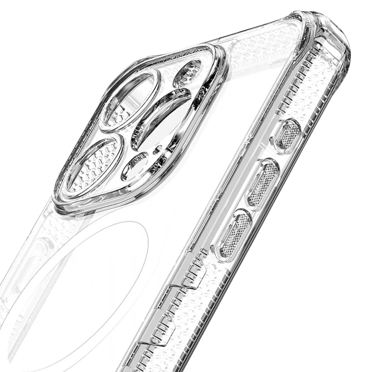Primo piano di una custodia trasparente per telefono. Dettagli includono ritagli per fotocamera, pulsanti volume e accensione.
