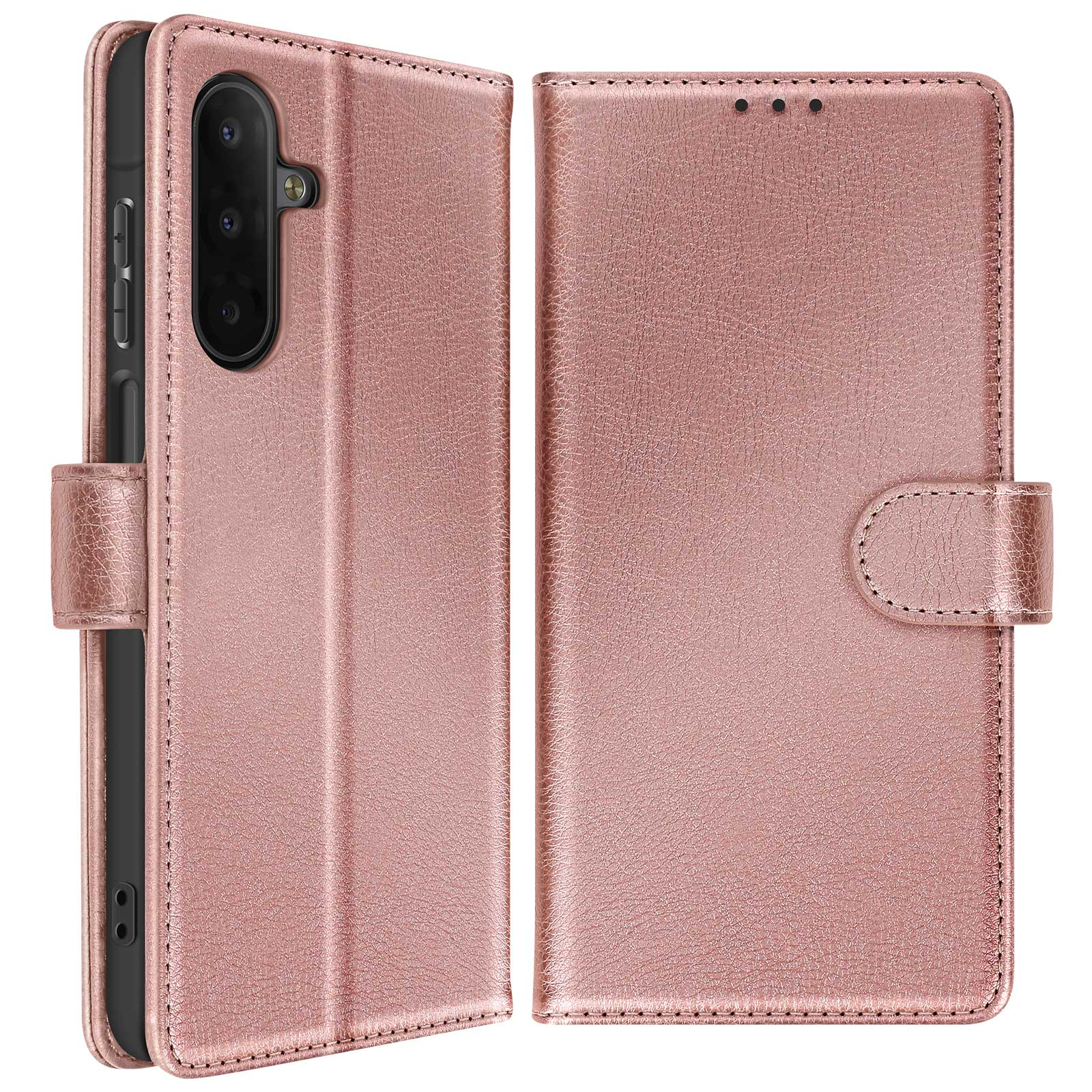 Una custodia per telefono oro rosa con design a portafoglio. Presenta una chiusura magnetica e bordi cuciti. Il telefono è visibile.
