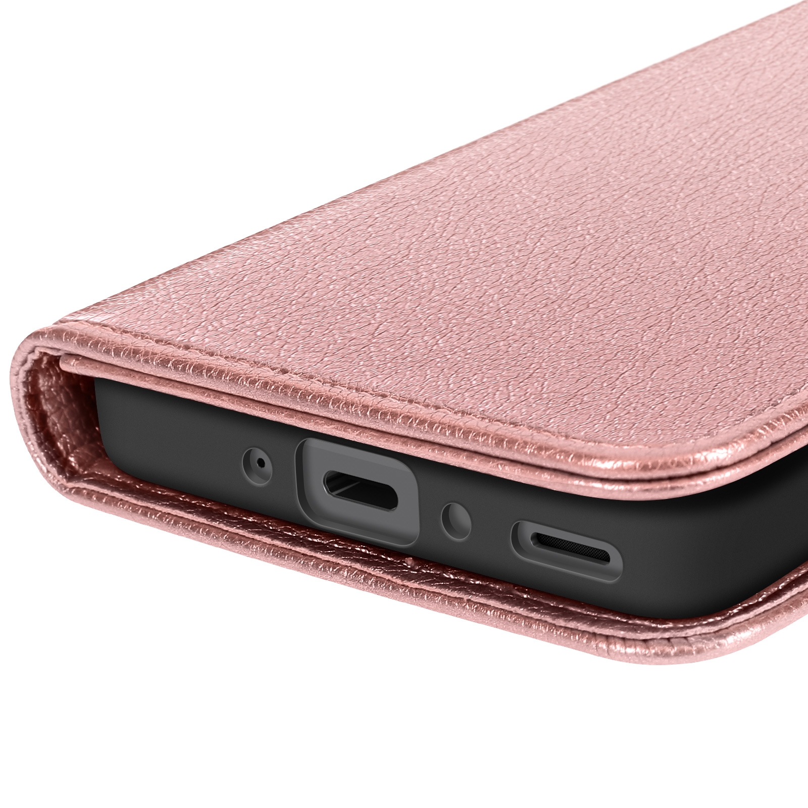 Primo piano di una custodia per telefono color oro rosa. La custodia è realizzata in materiale strutturato. Il bordo nero del telefono è visibile.