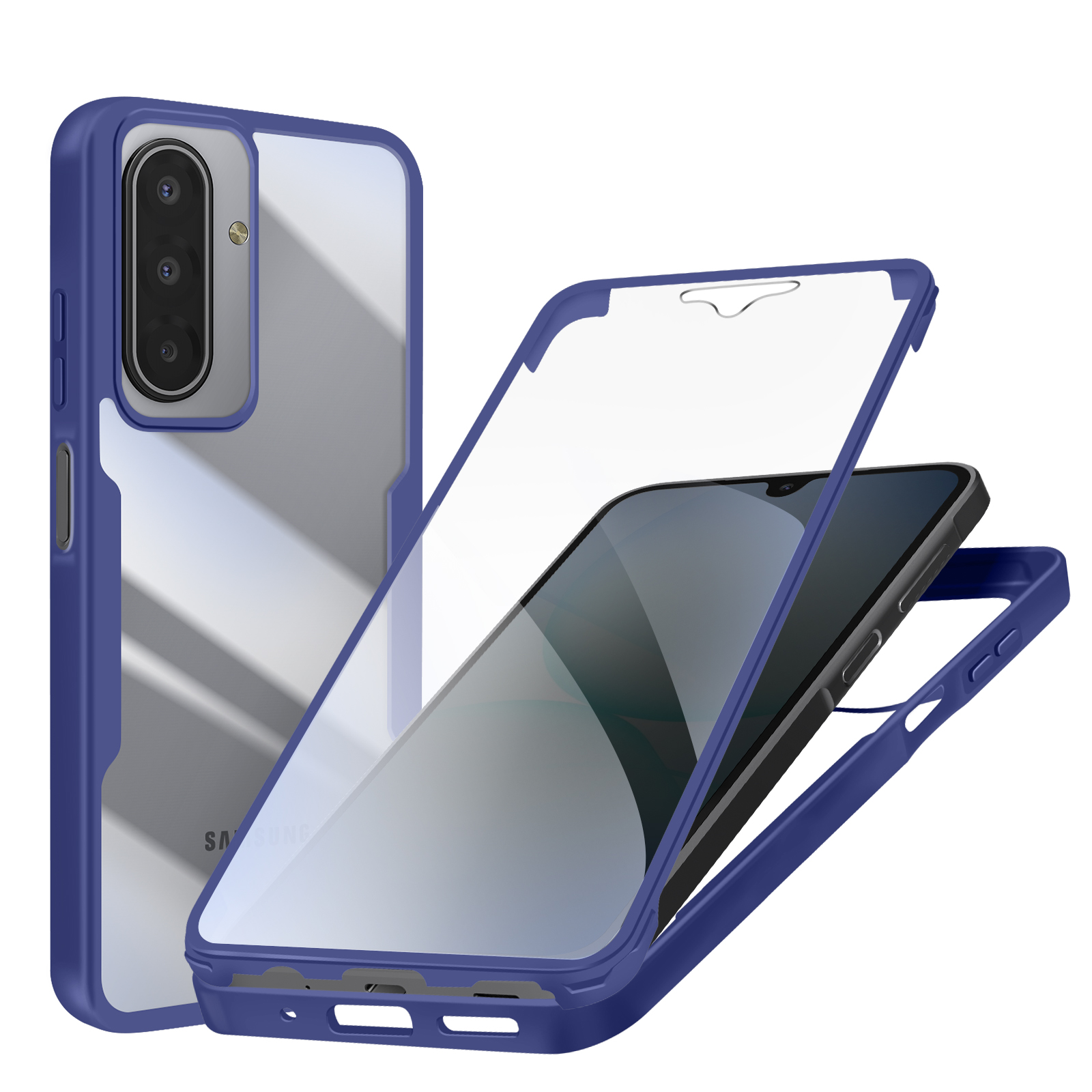 Une coque de téléphone bleue avec un devant et un dos transparents. Un téléphone est à l'intérieur de la coque, une autre partie est séparée.