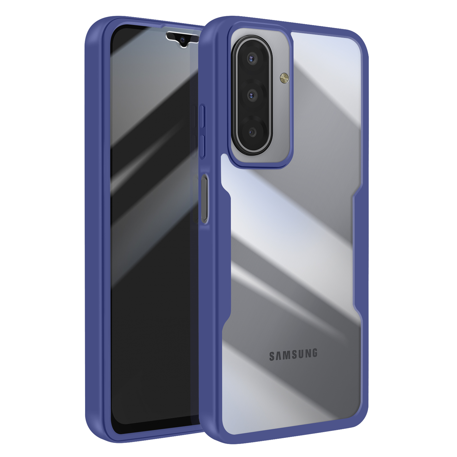 Coque de téléphone bleue avec dos transparent, protecteur d'écran. Il est fait pour un téléphone Samsung.