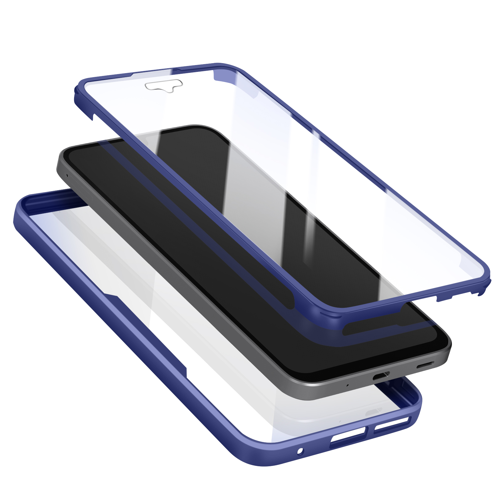 Coque de téléphone avec couches, protecteur d'écran et cadre bleu.