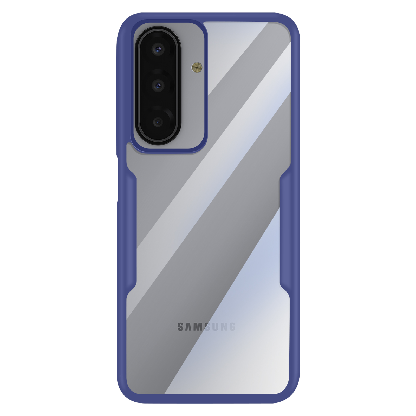 Une coque de téléphone transparente avec des bords bleus et une découpe pour l'appareil photo. Le logo Samsung est visible. La coque réfléchit la lumière.