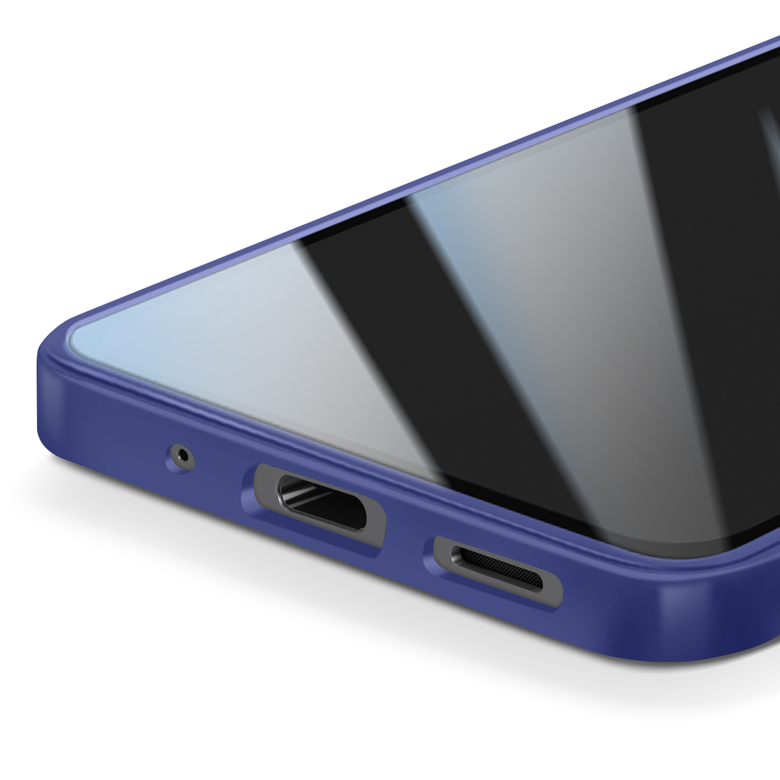 Gros plan sur un téléphone violet. L'écran est noir, avec des reflets. Ports et haut-parleur visibles sur le côté.