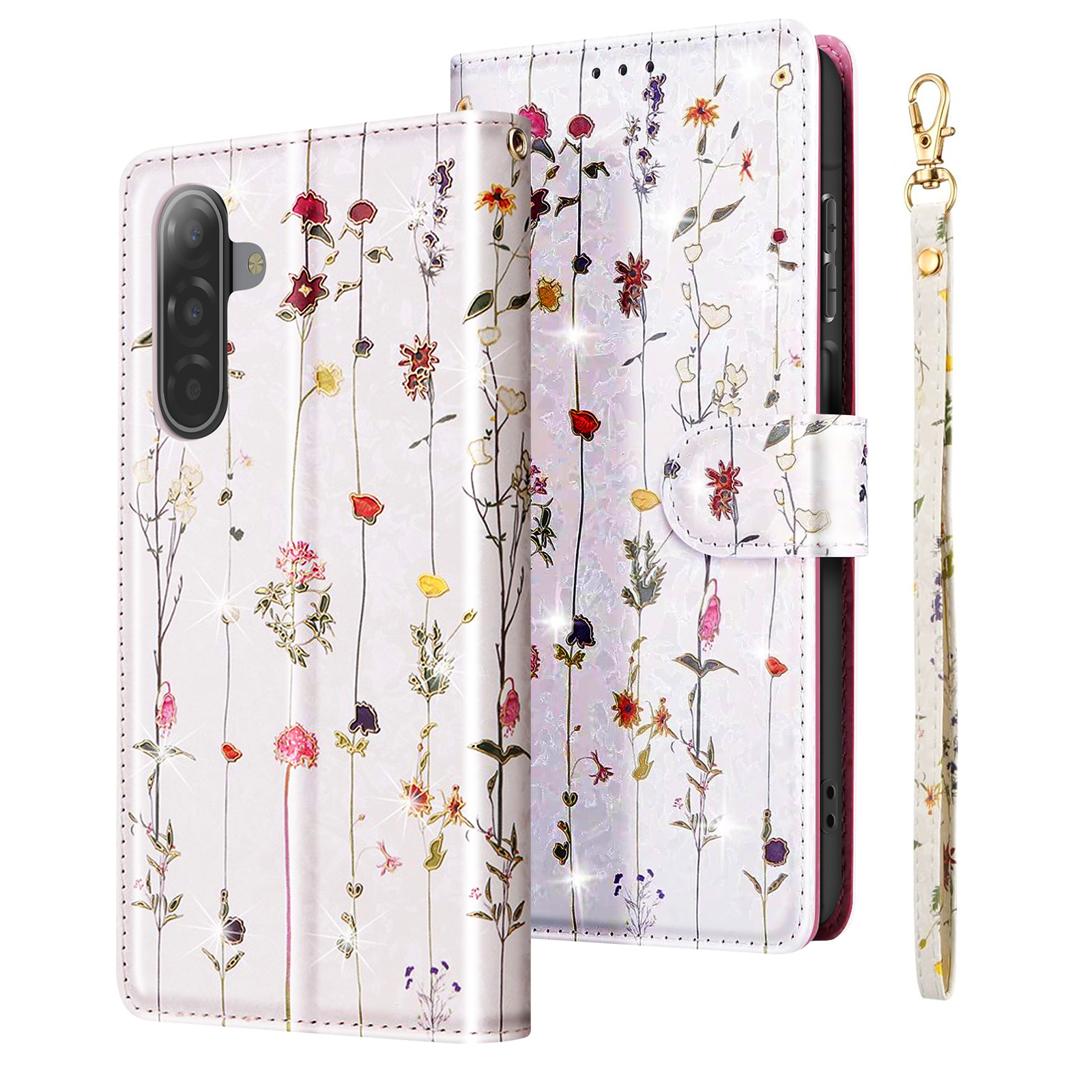 Coque de téléphone blanche avec motif floral. Comprend une sangle et un fermoir doré.