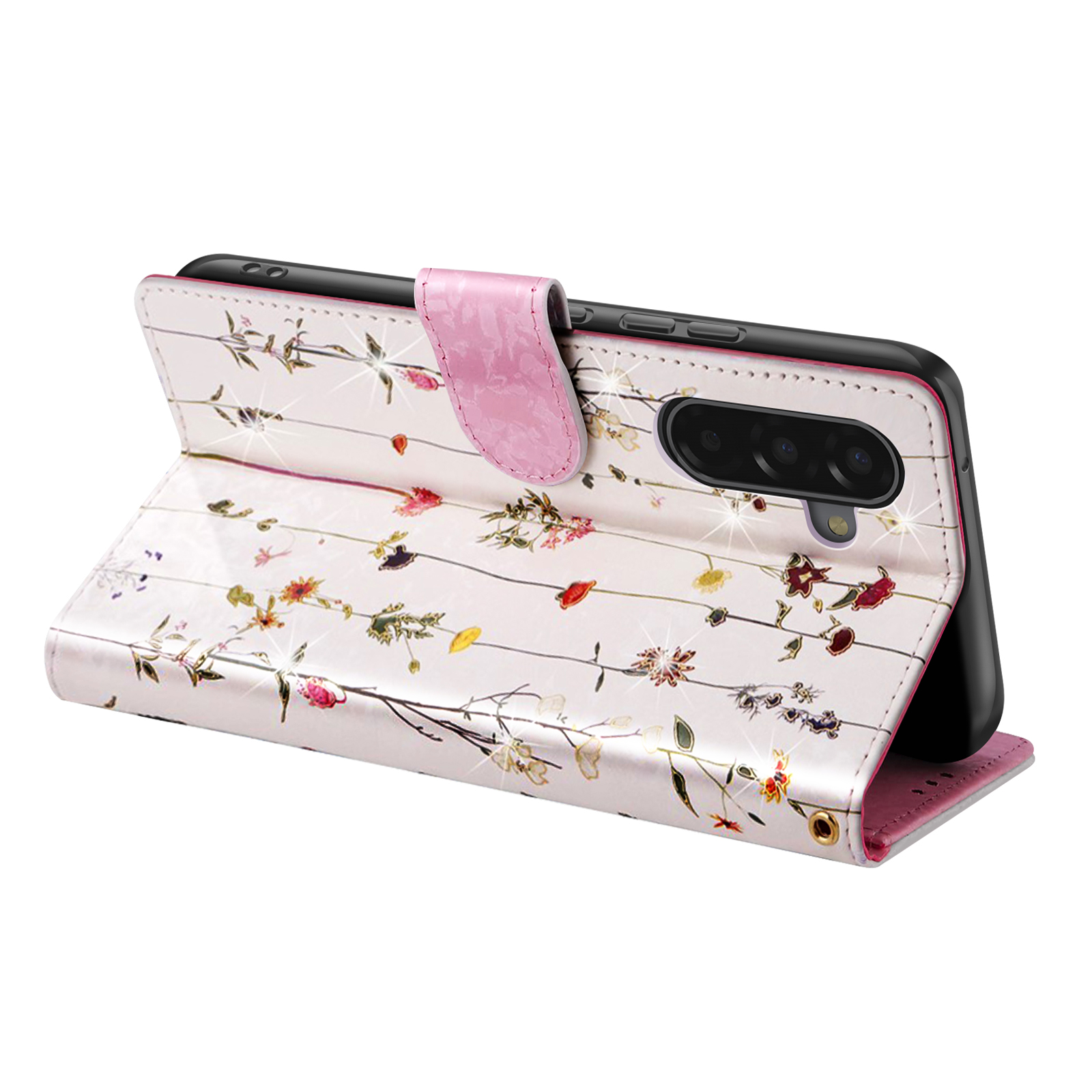 Étui de téléphone à imprimé floral, touches de rose et fermoir magnétique. Téléphone à l'intérieur.