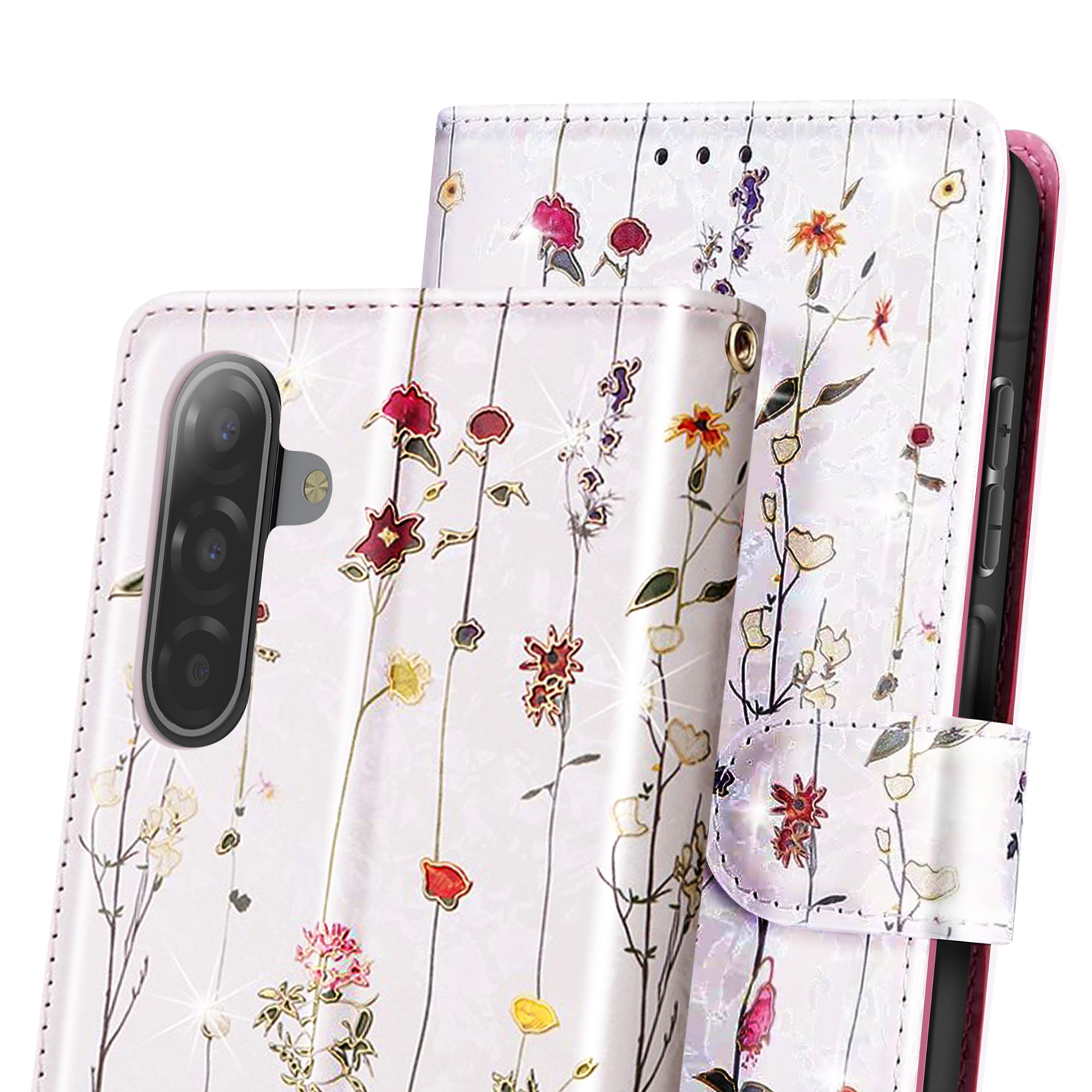Une coque de téléphone blanche avec des motifs floraux, avec des fleurs rouges, jaunes et violettes. Une caméra est visible à gauche.