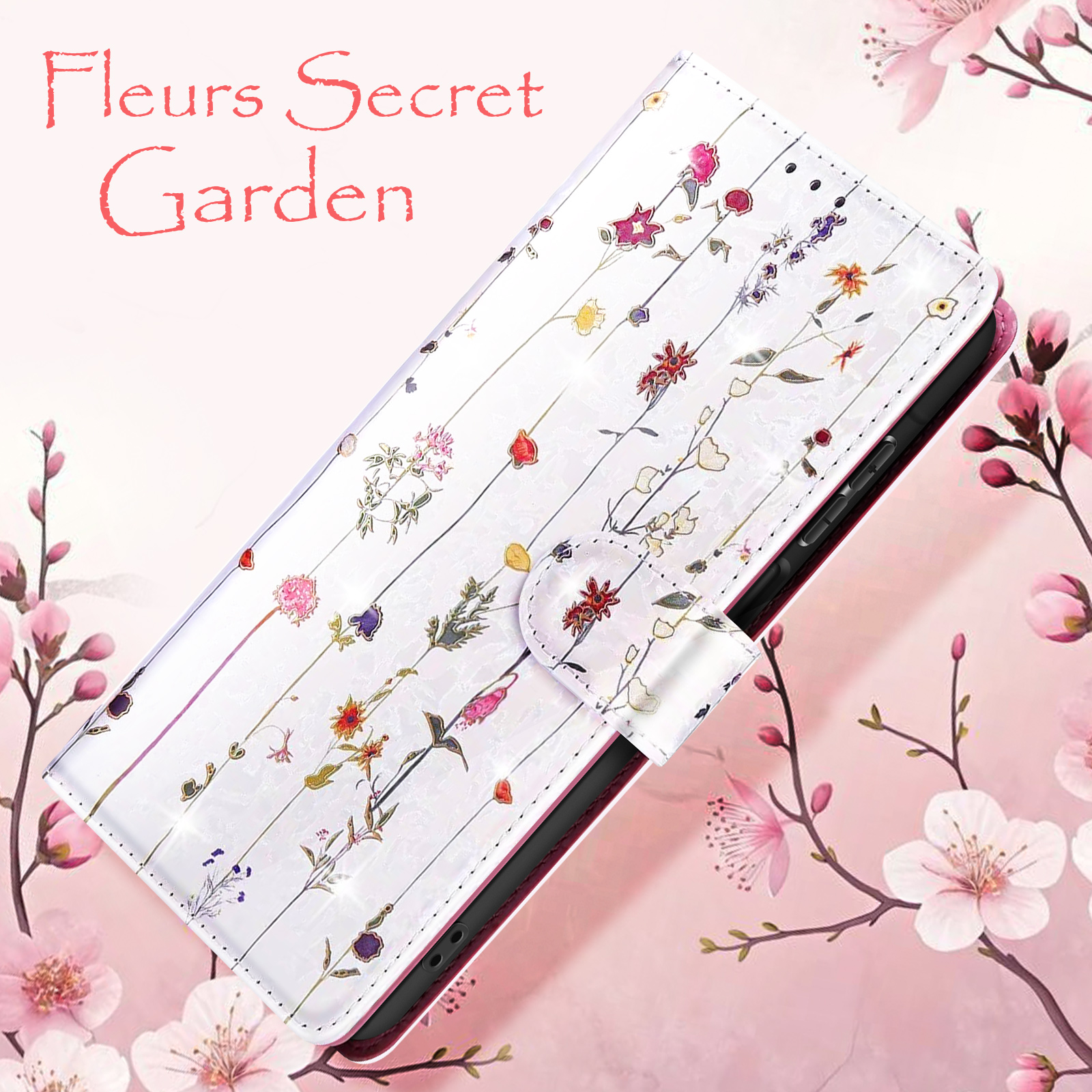 Coque de téléphone blanche avec motif floral. Fleurs roses et texte 'Fleurs Secret Garden' sur la coque.