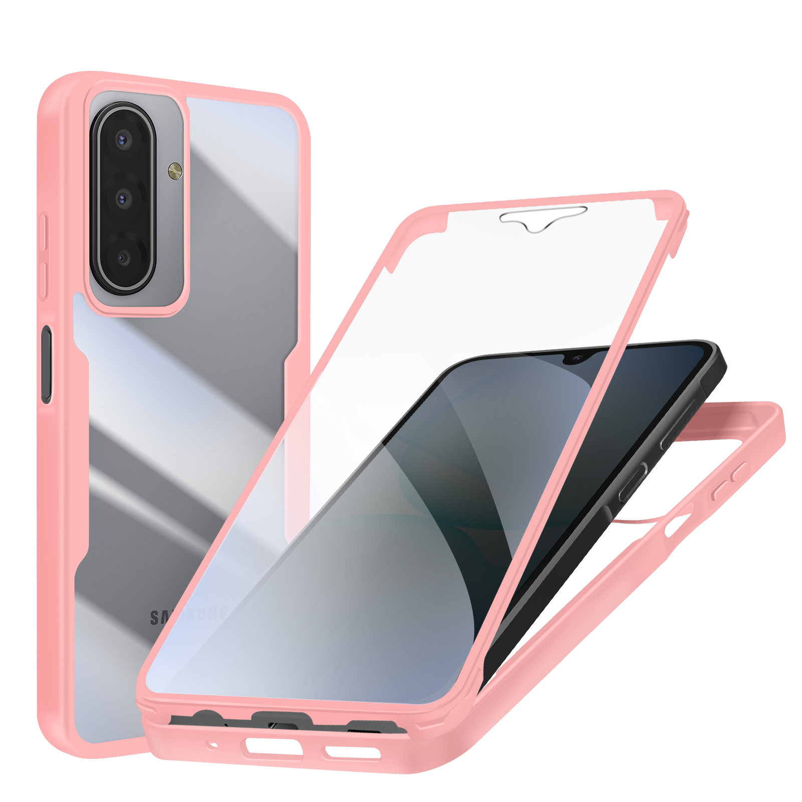 Roze telefoonhoesje met een transparante achterkant, los van de telefoon. De telefoon is zwart met een reflecterend scherm.