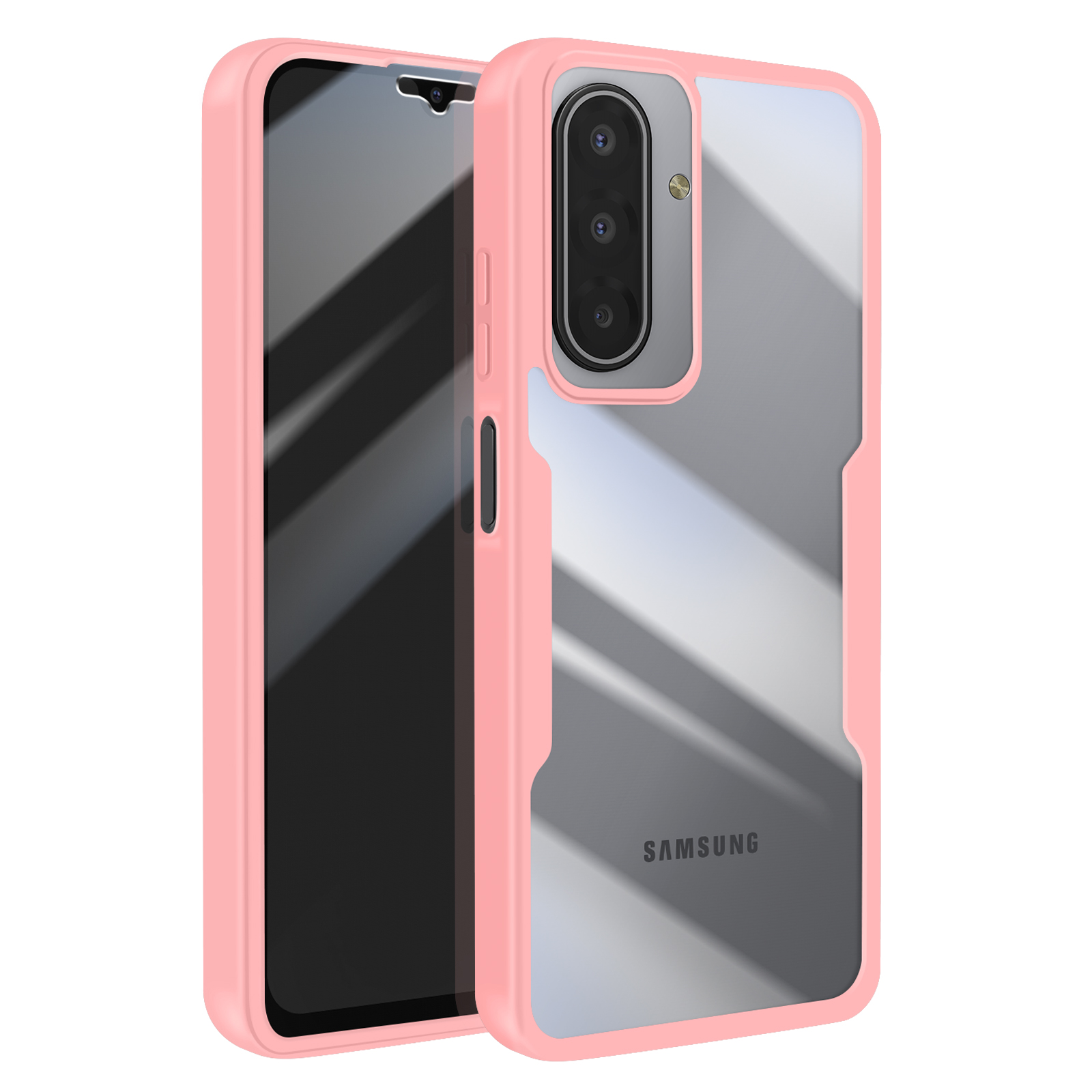 Een roze telefoonhoesje met een doorzichtige achterkant beschermt een telefoon. Het scherm van de telefoon is zichtbaar en het merk is Samsung.