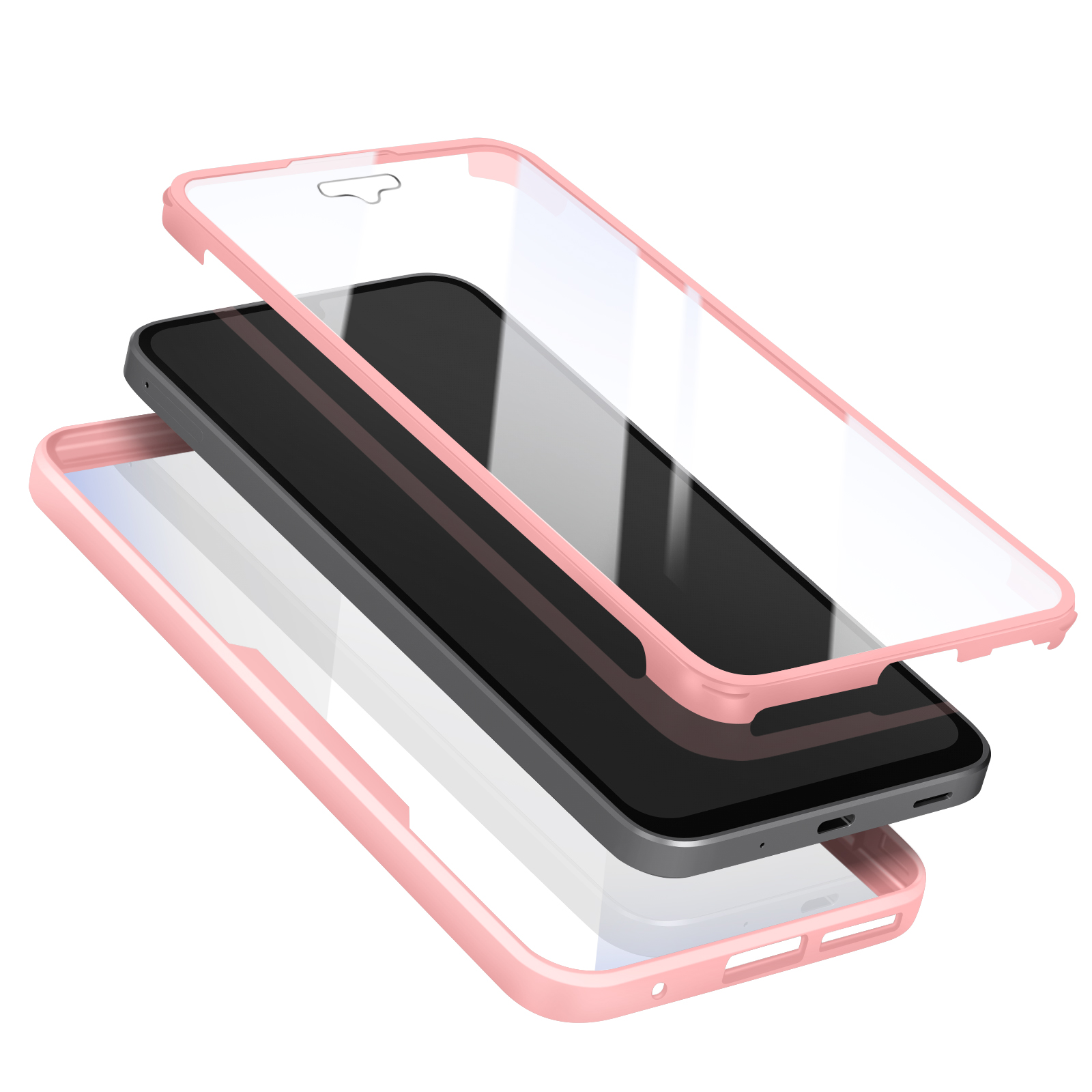 Een telefoonhoesje met drie delen van roze en transparant plastic. De telefoon is zwart. De delen zijn gescheiden.