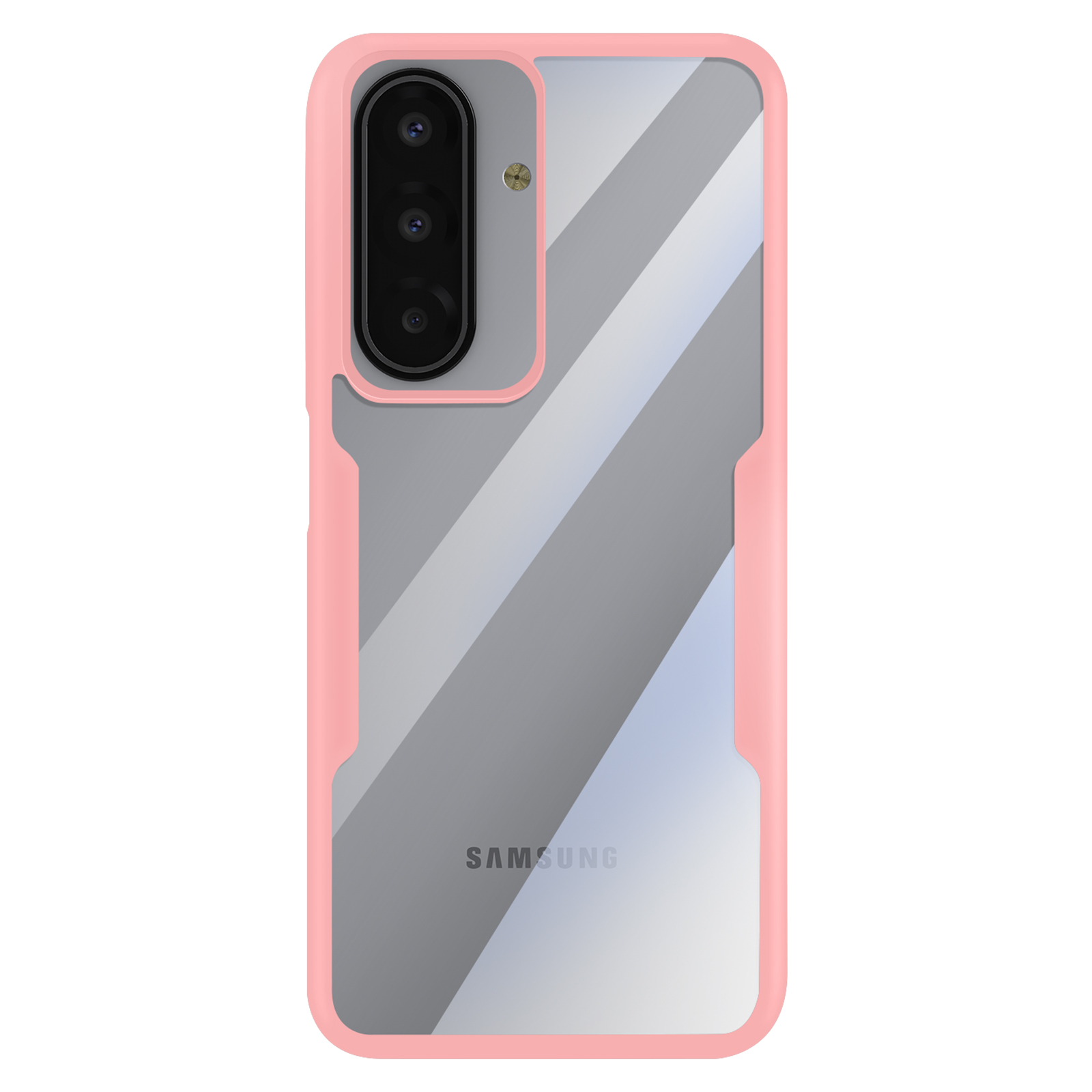 Een transparante telefoonhoes met een roze frame. Het heeft een camera en het Samsung-logo. De achtergrond is wit.