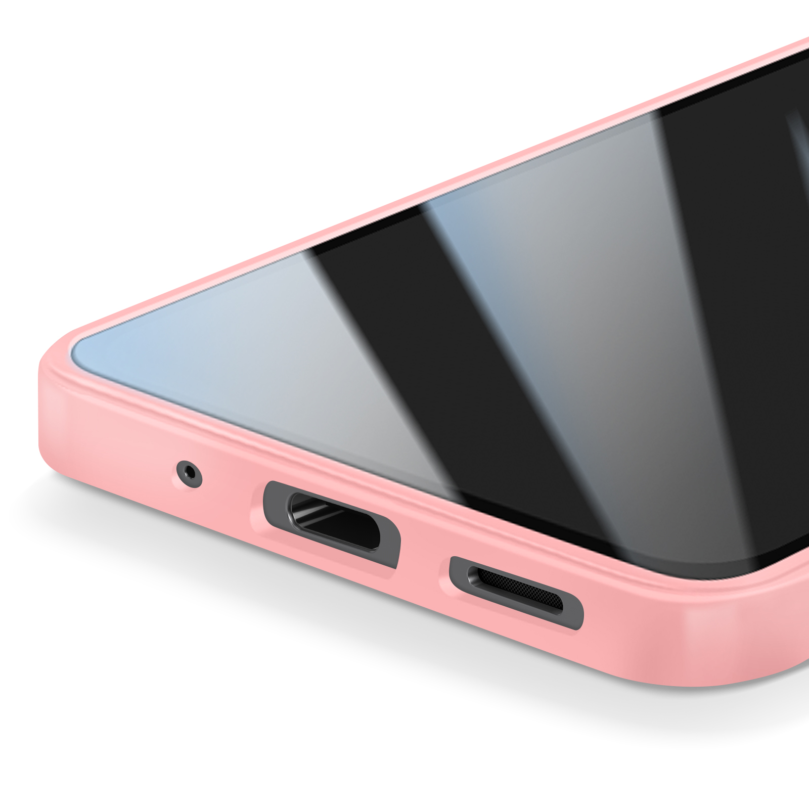 Close-up van een roze telefoonhoesje. Het heeft een zwart scherm en een oplaadpoort. De hoes ligt op een wit oppervlak.