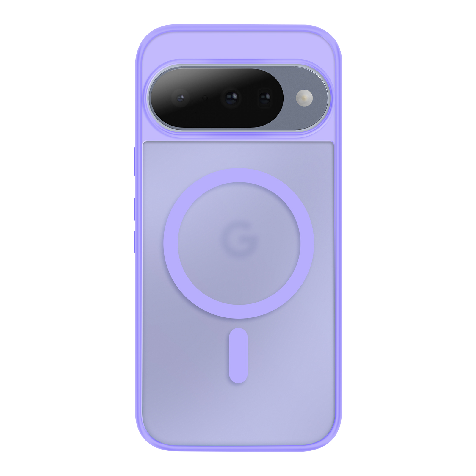 Una custodia per telefono lilla chiaro con un ritaglio per la fotocamera. Ha un design circolare e un cerchio magnetico sul retro.