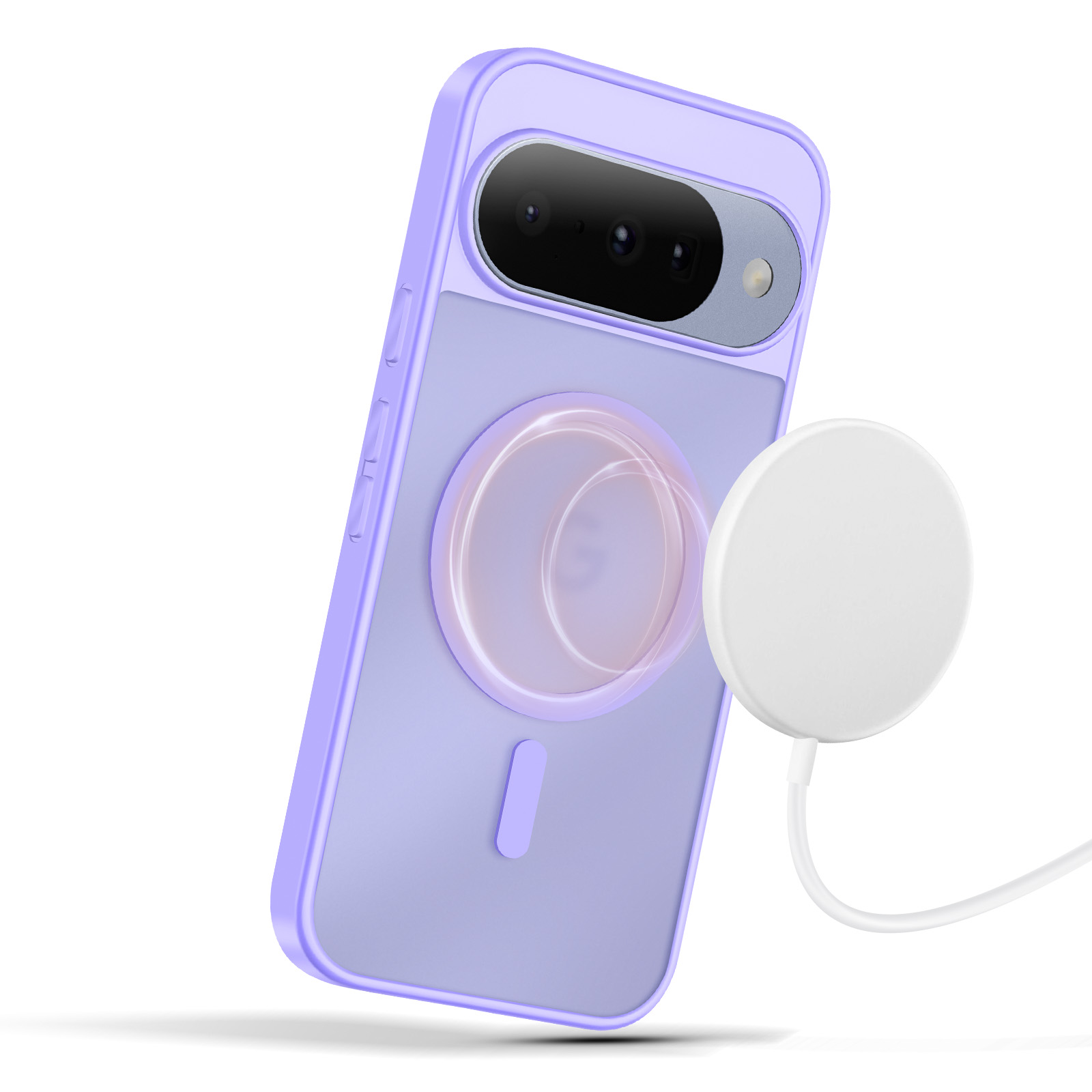 Una custodia per telefono viola con un caricatore wireless bianco, collegato da un cavo bianco, su sfondo bianco.