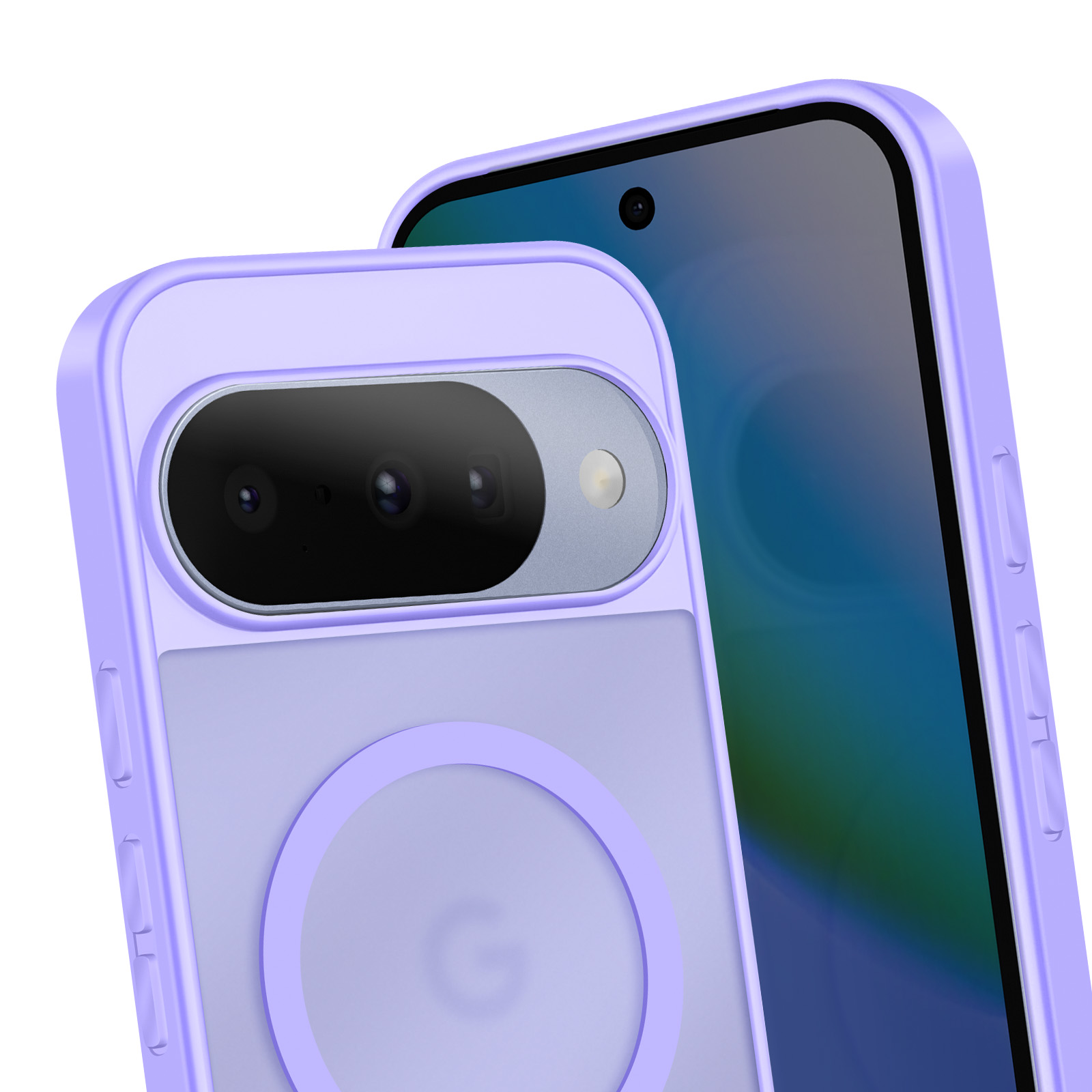 Una custodia per telefono viola con un telefono dietro. La custodia ha un ritaglio per la fotocamera. Lo sfondo è bianco.