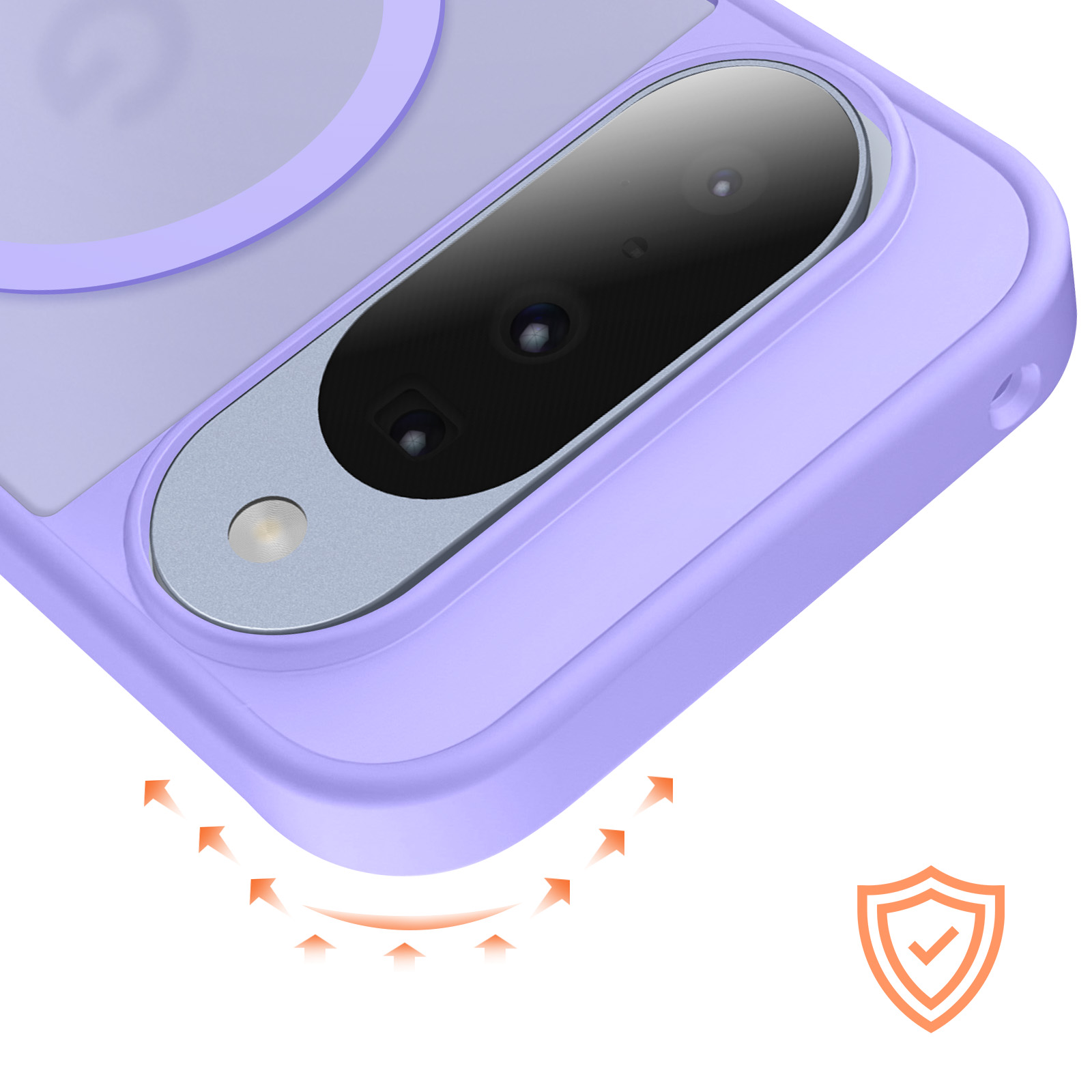 Primo piano di una custodia per telefono viola con obiettivo della fotocamera. Sono visibili anche frecce arancioni e un simbolo di scudo.