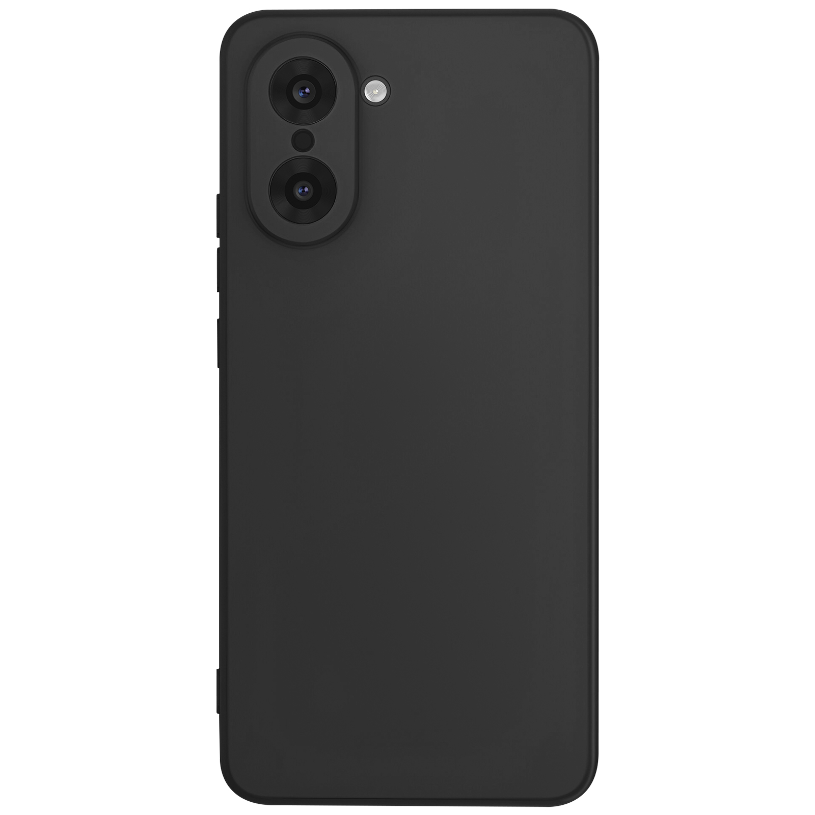 Zwarte smartphone achterkant met dubbele camera en flits. De telefoon heeft afgeronde hoeken en een matte afwerking.