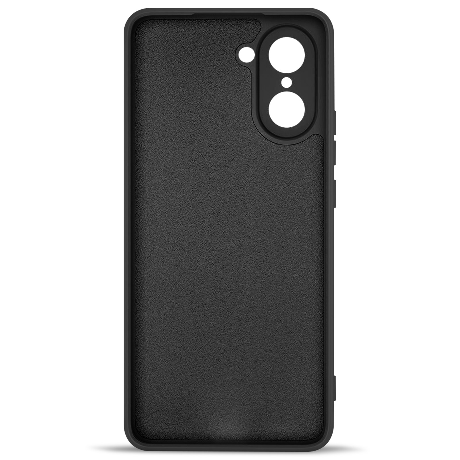 Zwarte telefoonhoes met camera-uitsparingen. Textuur. Effen zwarte kleur. Afgeronde randen en hoeken.