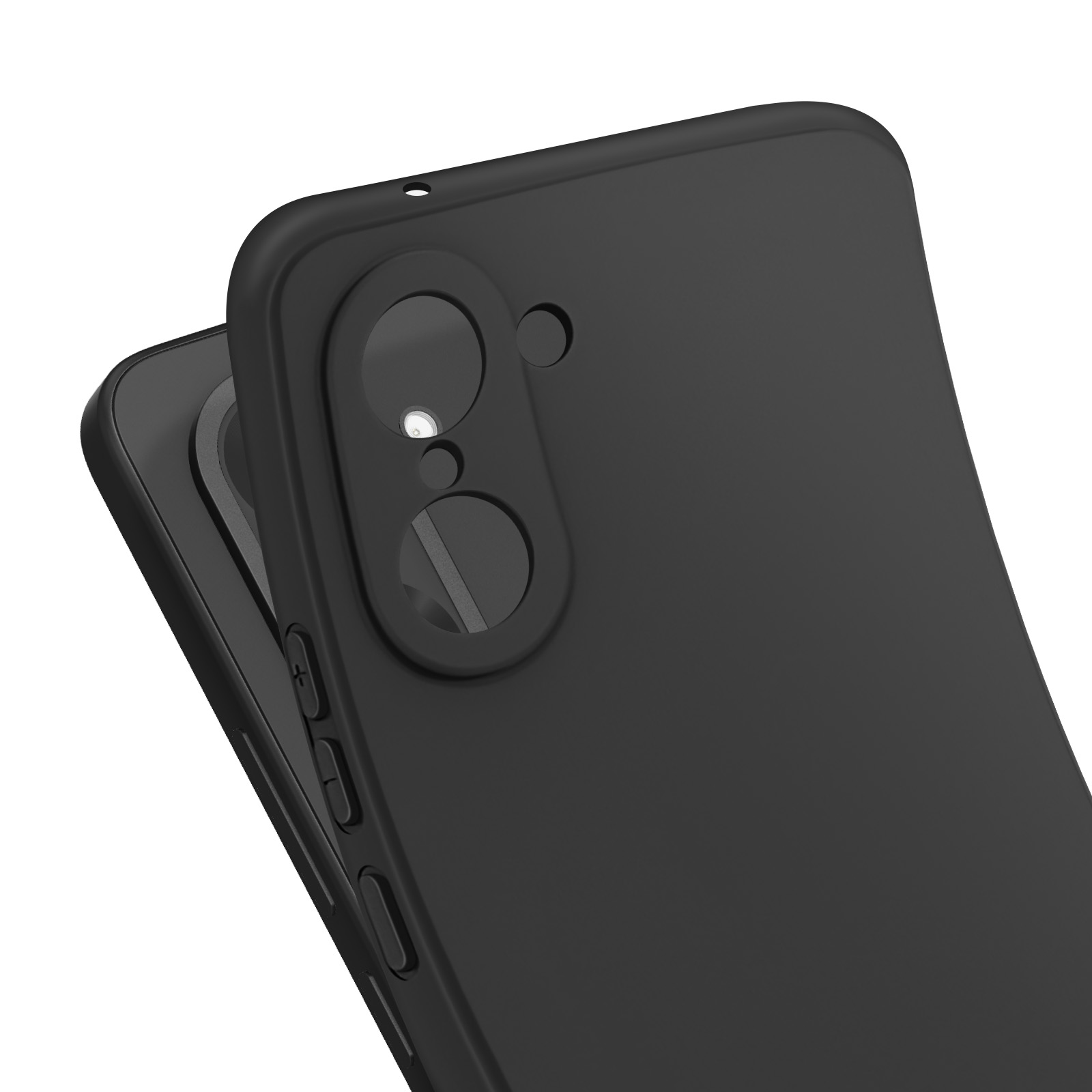 Zwarte telefoonhoes met camera-uitsparingen. De hoes is gedeeltelijk open en onthult de telefoon eronder. Witte achtergrond.