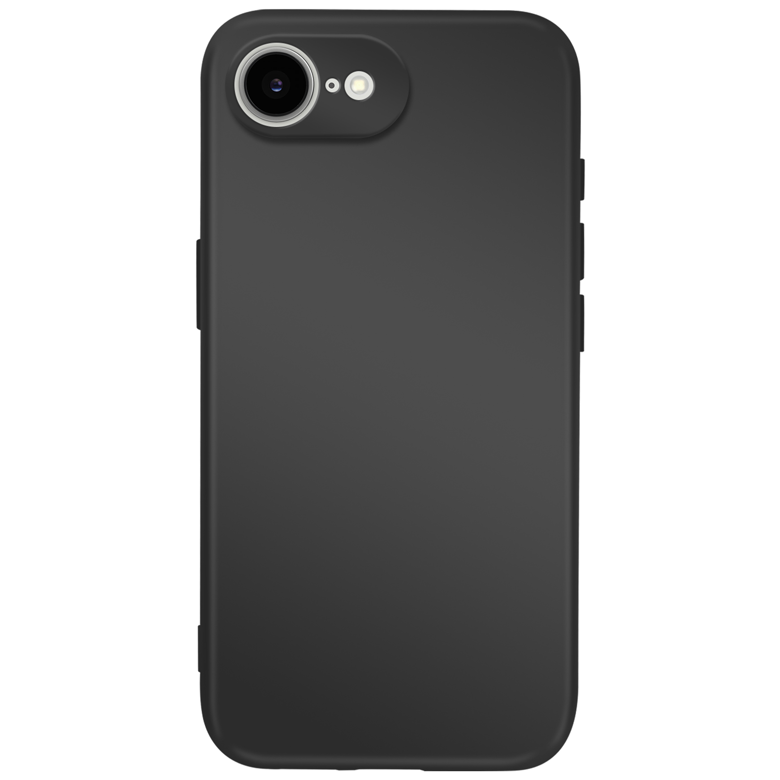 Un étui de smartphone noir avec caméra et flash est affiché sur un fond blanc.