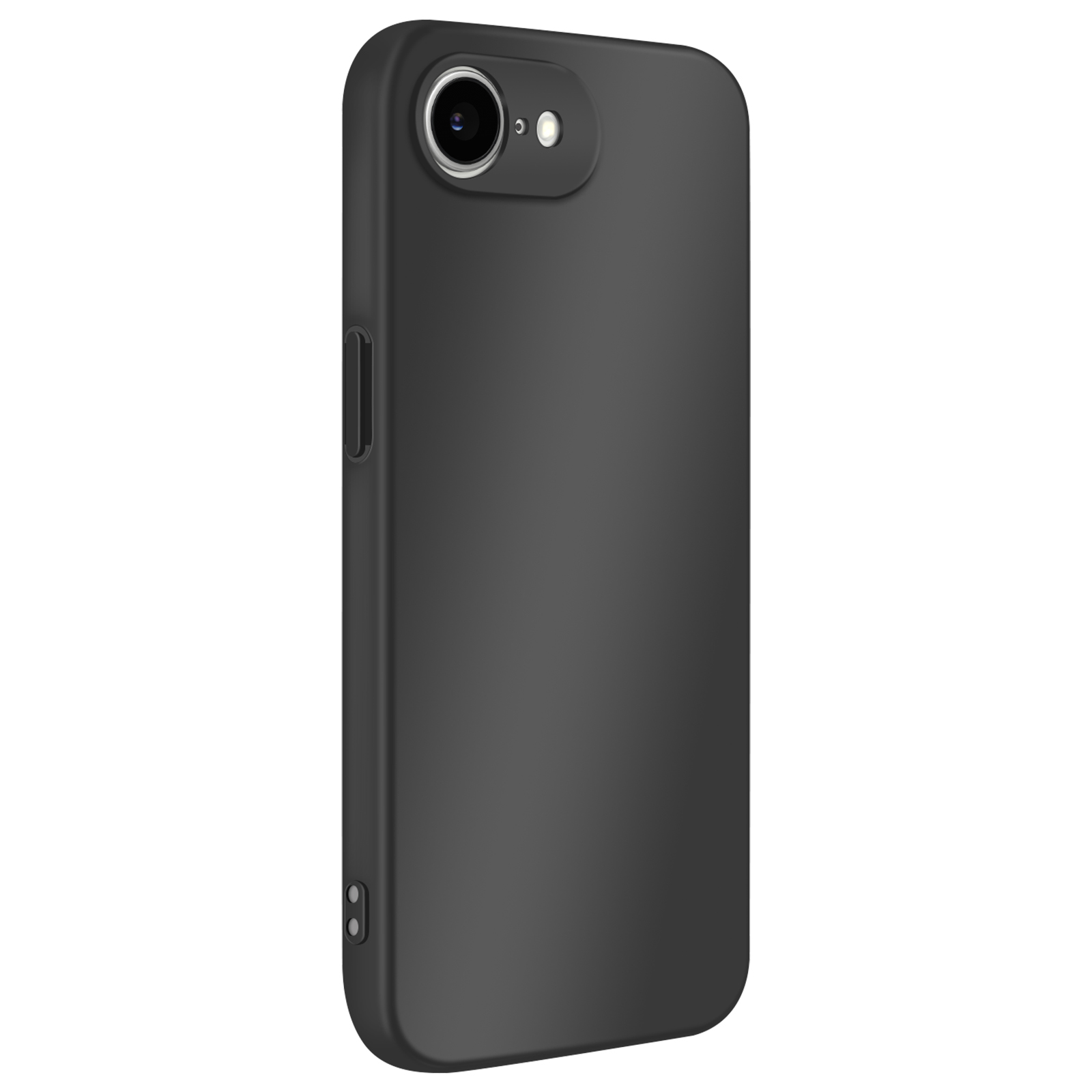 Une coque de téléphone noire avec appareil photo et boutons latéraux. Le fond est blanc.