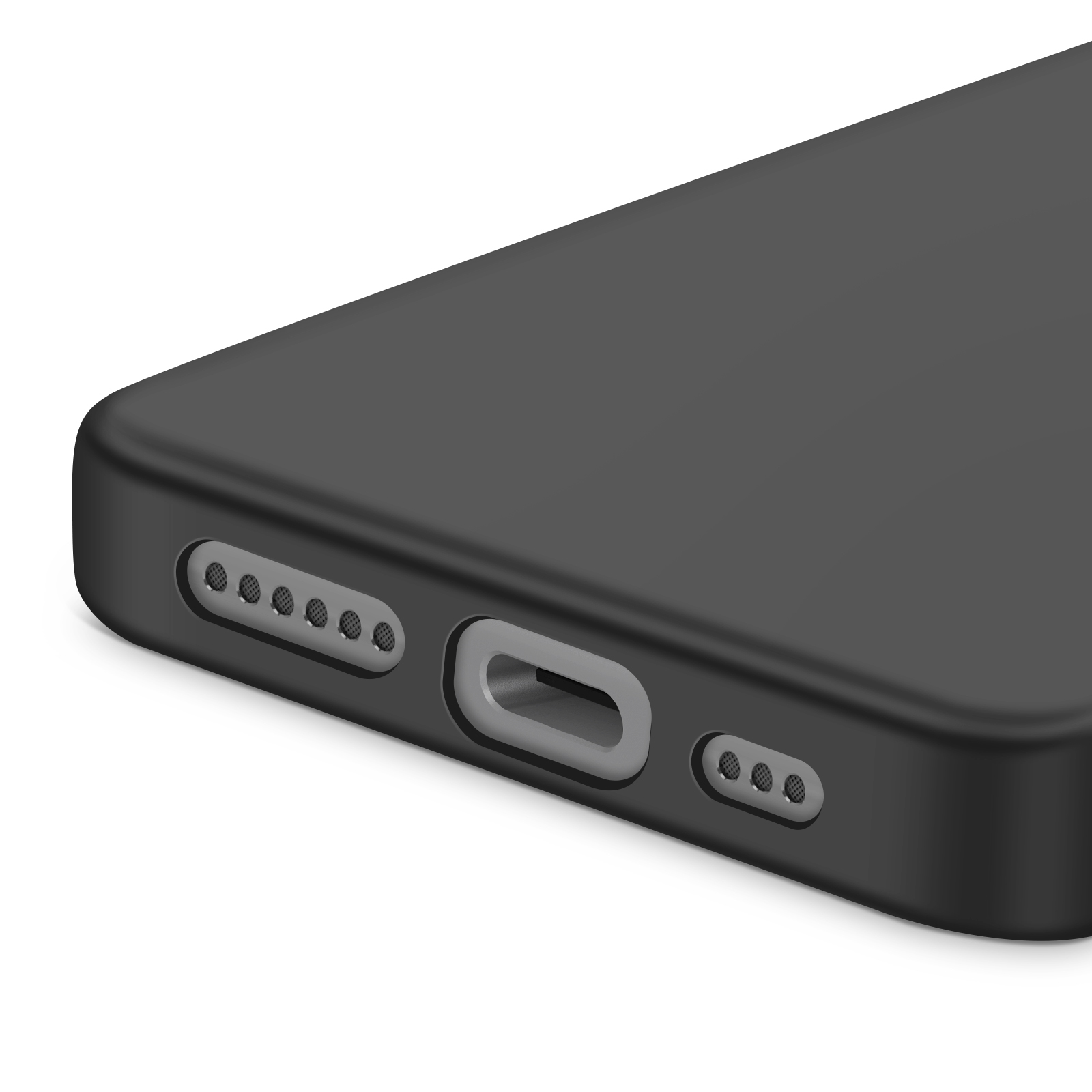 Gros plan sur une coque de téléphone noire avec des découpes. Le fond est blanc.