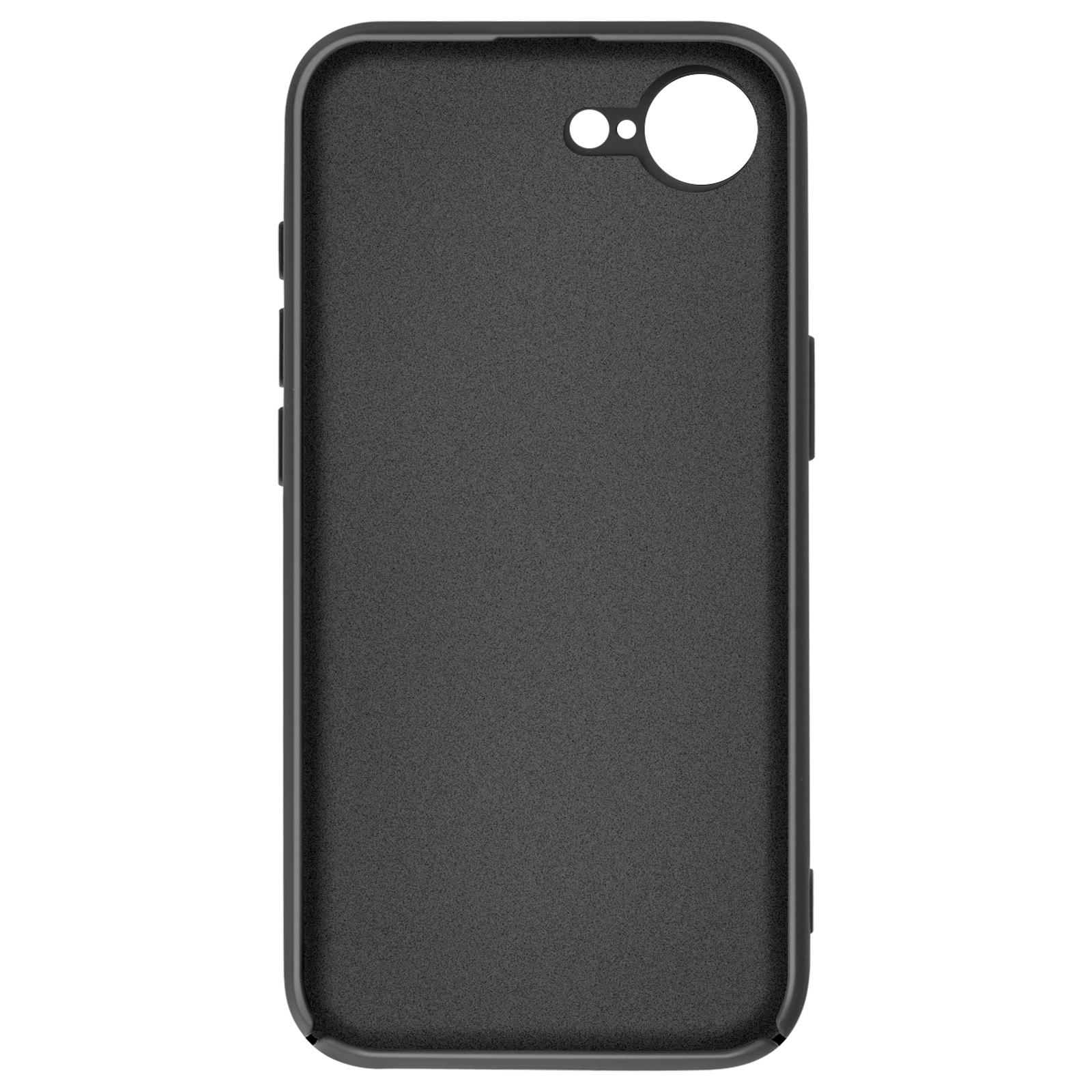 Une coque de téléphone noire. Elle a des trous pour la caméra et les boutons. Le fond est blanc.