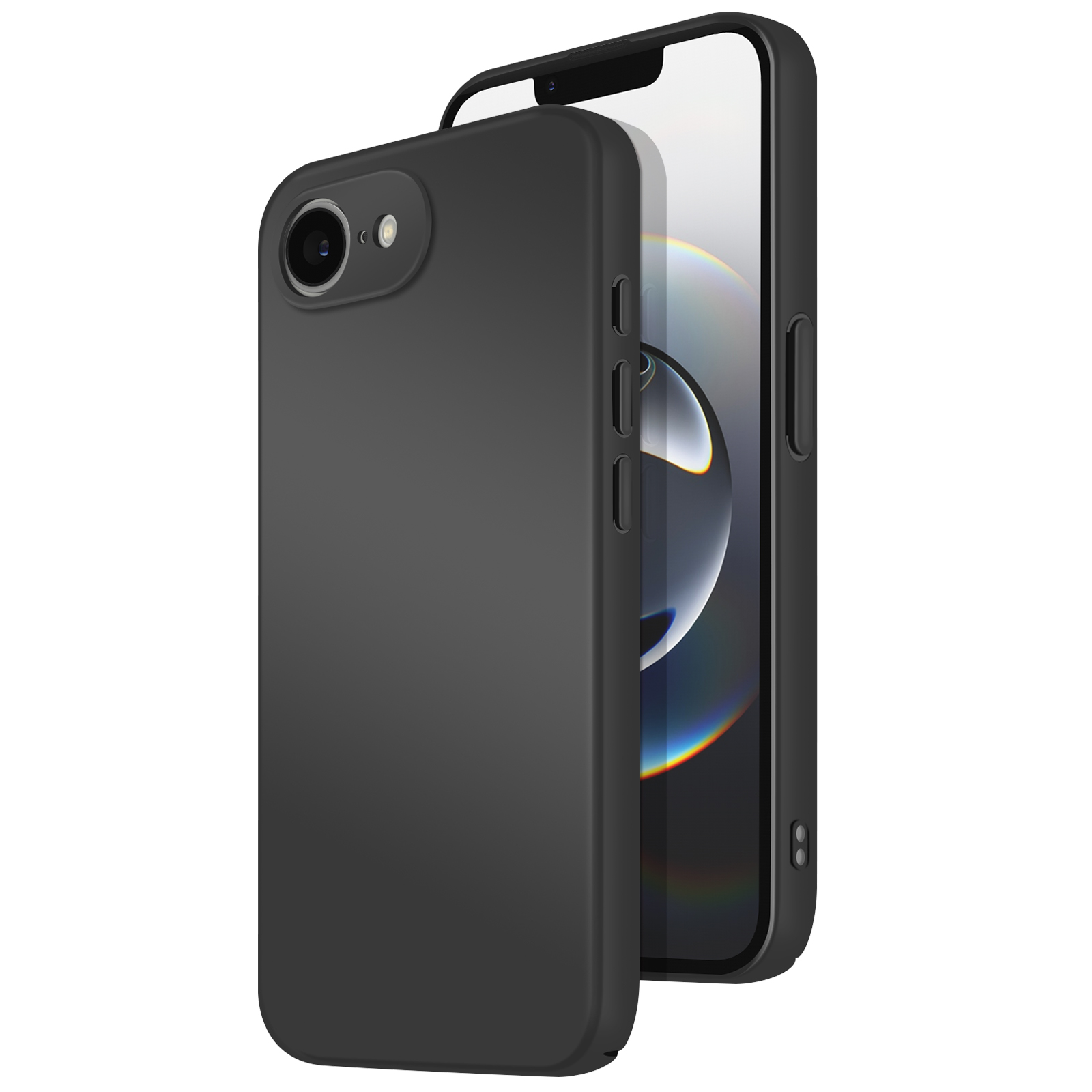 Un étui de téléphone noir et un téléphone avec un écran sont présentés. Le téléphone est à l'intérieur de l'étui.