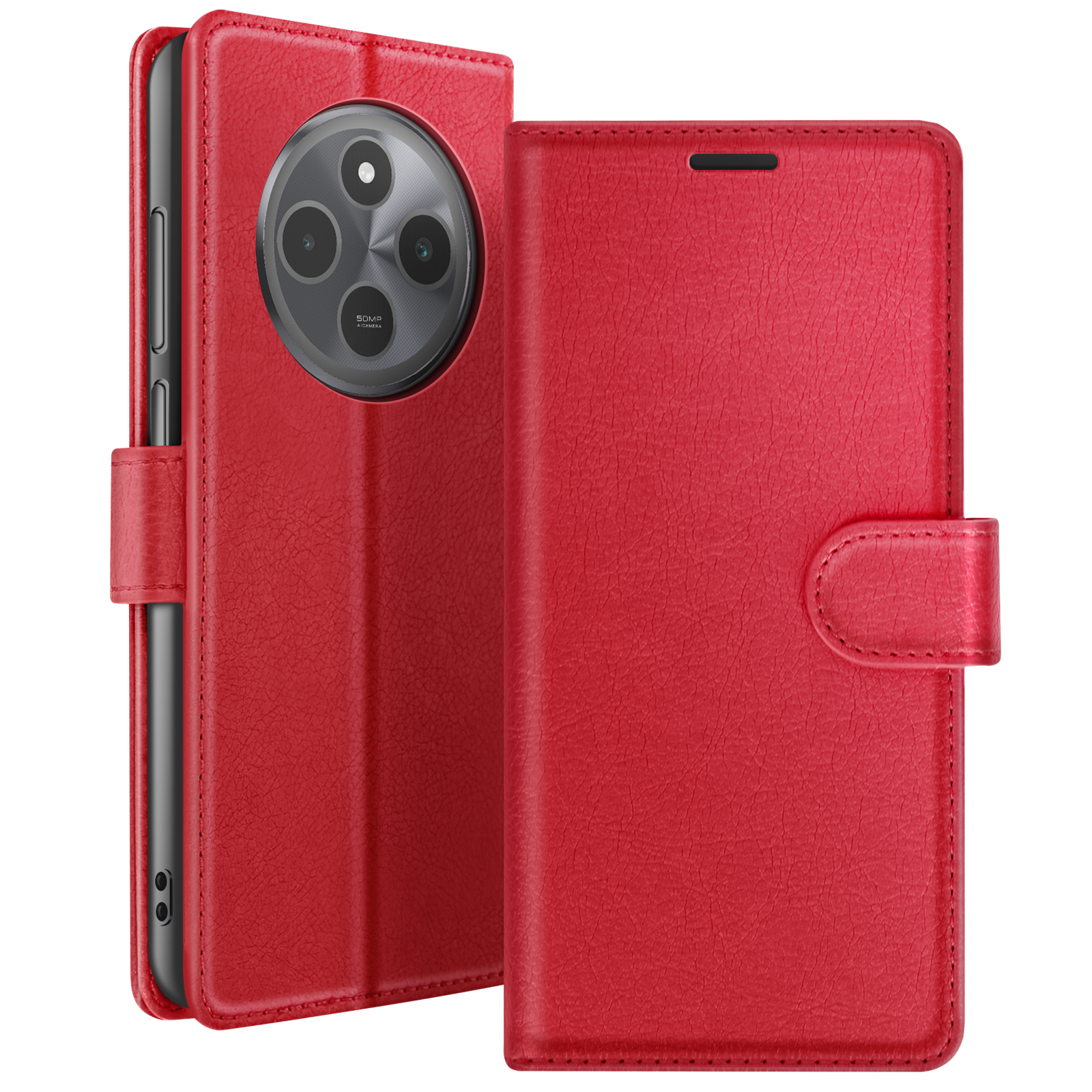 Étui de téléphone en cuir rouge ouvert. L'arrière a une bosse de caméra avec trois lentilles. L'avant a une fermeture magnétique.